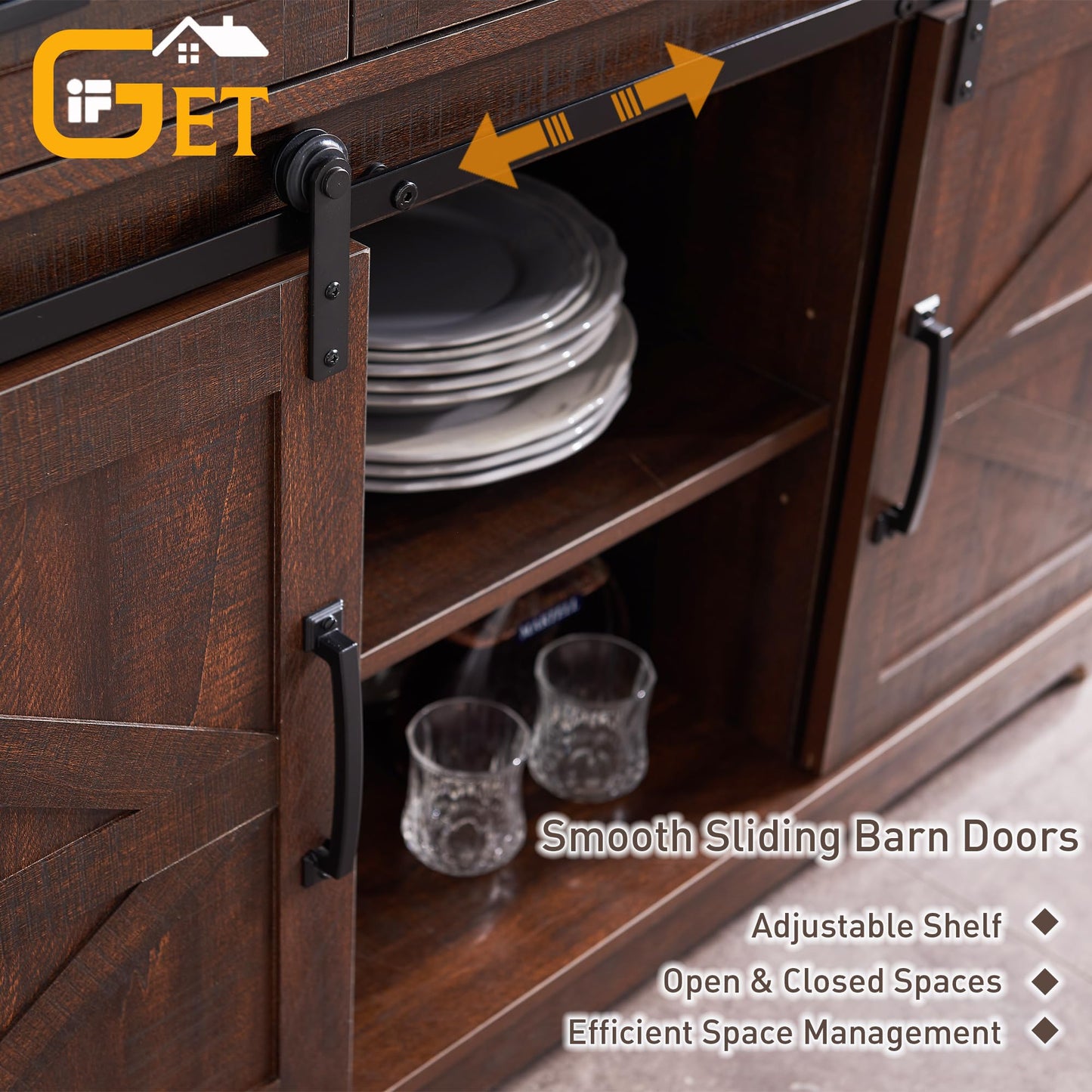 **Farmhouse Buffet Cabinet, 53" Sideboard with 3 Drawers, Rustic Storage Cabinet with Sliding Barn Door, Coffee Bar for Dining Room, Kitchen, Hallway, or Living Room, Brown**