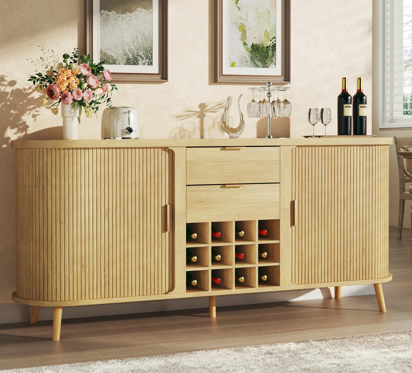 58" Fluted Buffet Cabinet with Drawers, Adjustable Shelves, and 12 Wine Racks, Mid-Century Modern Sideboard for Kitchen or Living Room, Natural Oak