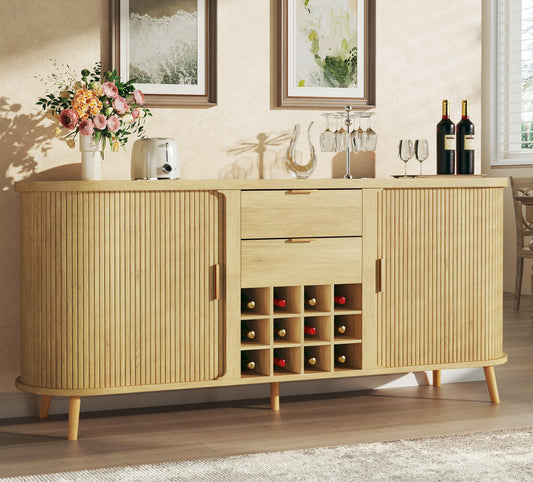 58" Fluted Buffet Cabinet with Drawers, Adjustable Shelves, and 12 Wine Racks, Mid-Century Modern Sideboard for Kitchen or Living Room, Natural Oak