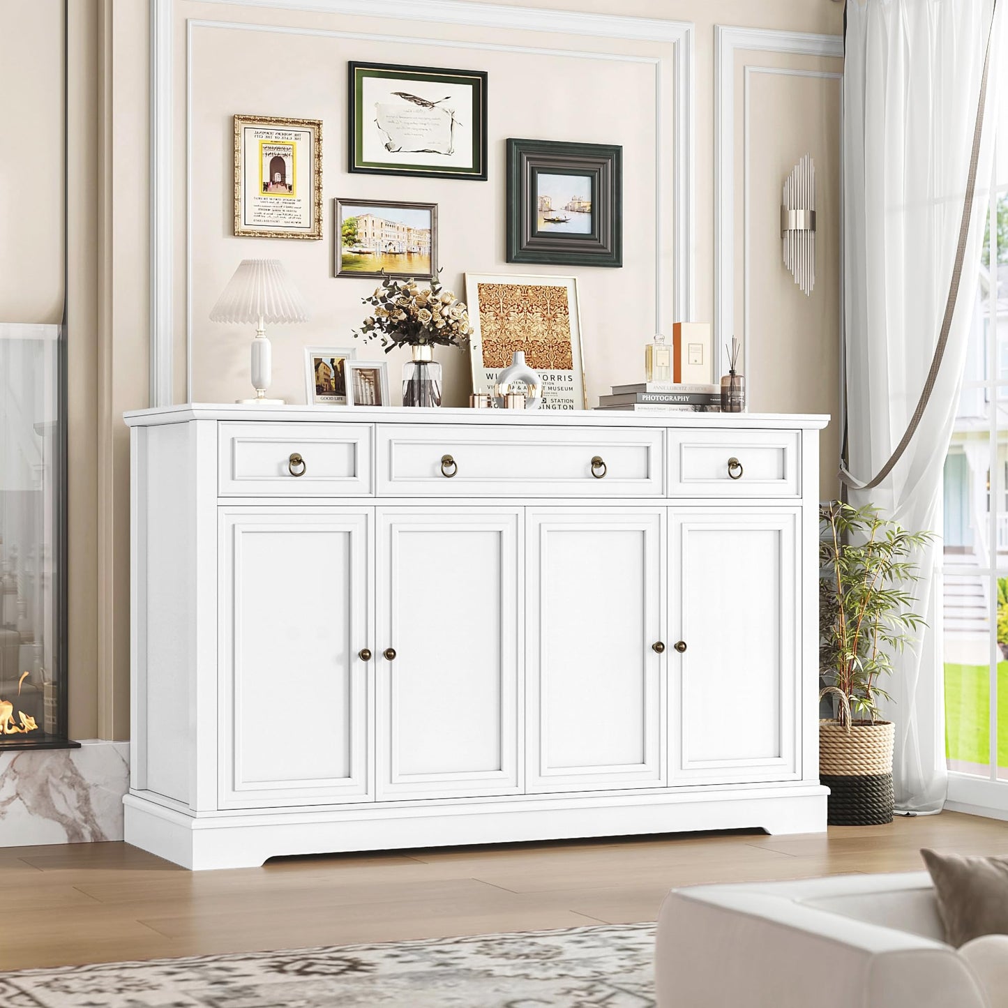 FINETONES 52.7" Large Buffet Cabinet with Storage, Modern Sideboard with 3 Drawers and 4 Doors, Wooden Coffee Bar Cabinet for Kitchen, Dining Room, or Living Room, White