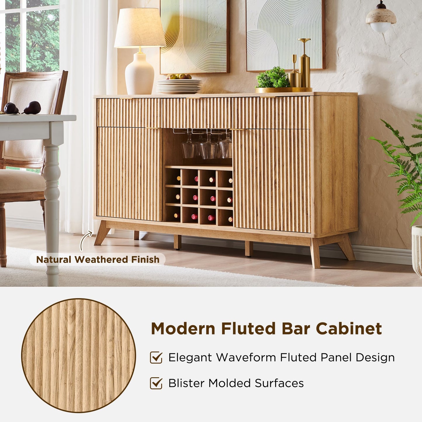 60" Fluted Buffet Cabinet with 3 Drawers and 2 Doors, Modern Wine and Coffee Bar Sideboard with Wine and Glass Racks, Adjustable Shelves for Kitchen or Dining, Natural Oak