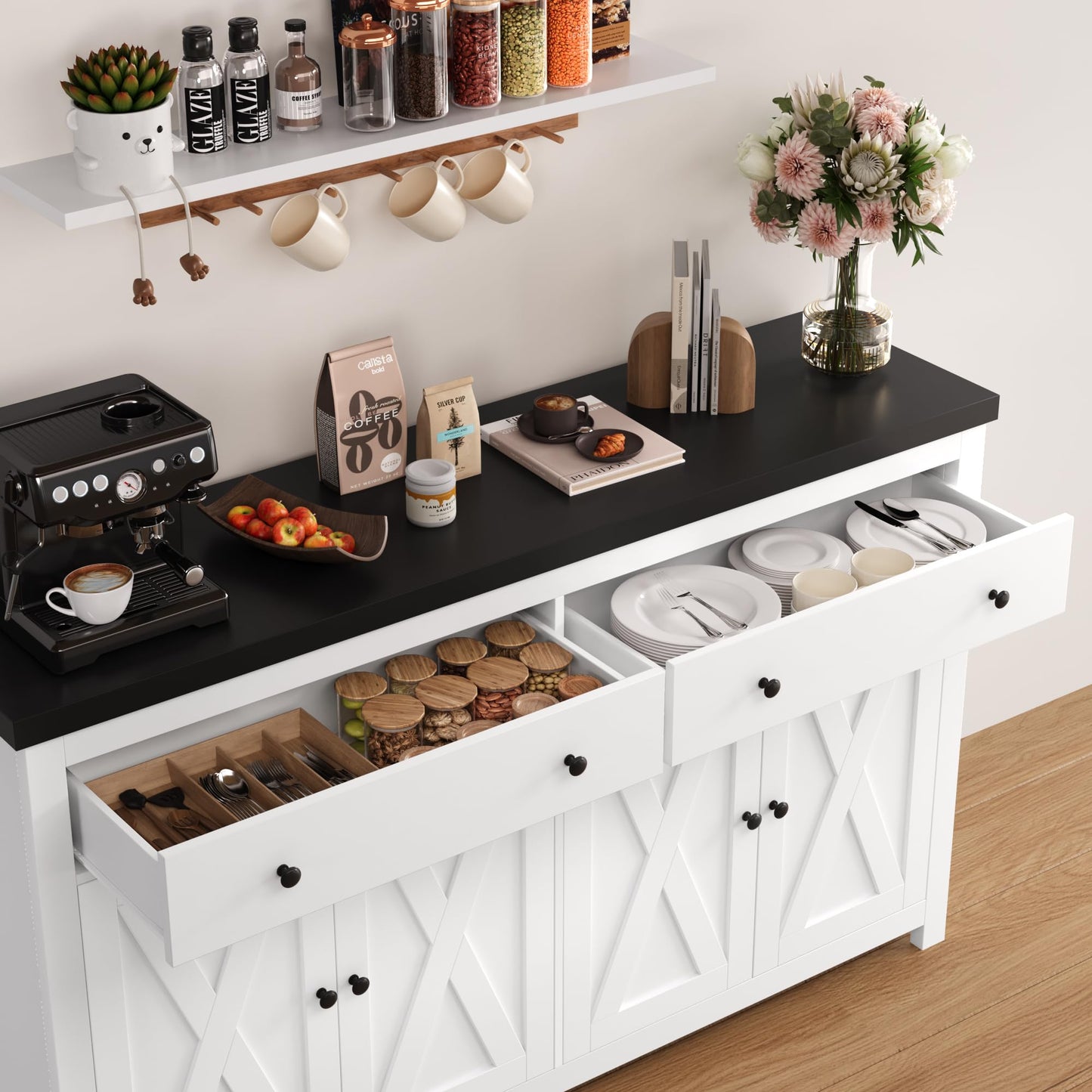55" Large Sideboard Buffet Cabinet with 2 Drawers and 4 Doors, Wood Storage Buffet Table for Kitchen or Dining Room, White/Black