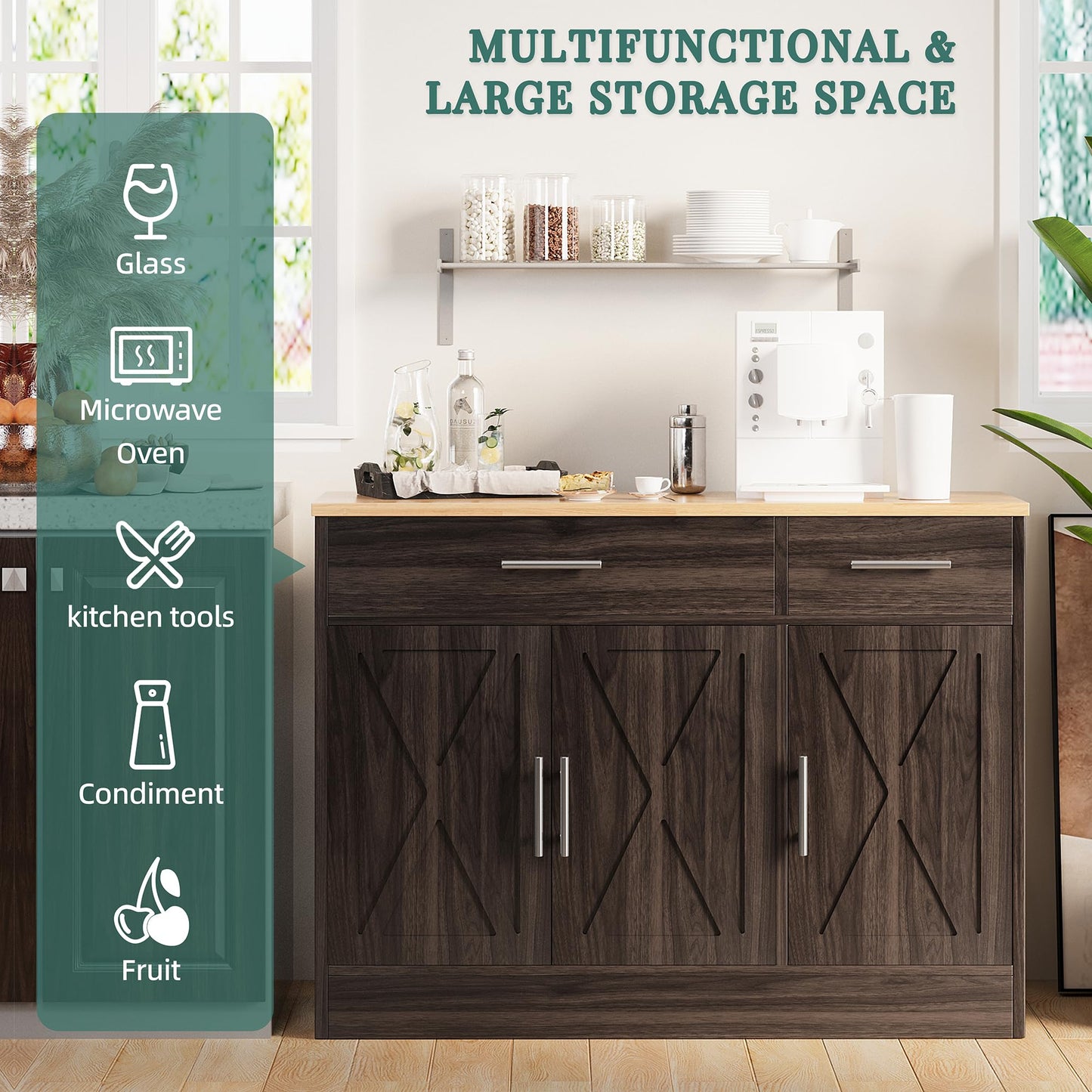Modern Farmhouse Sideboard Buffet Cabinet with Barn Doors, 2 Drawers and 3 Doors, Adjustable Shelf for Kitchen or Living Room, Brown