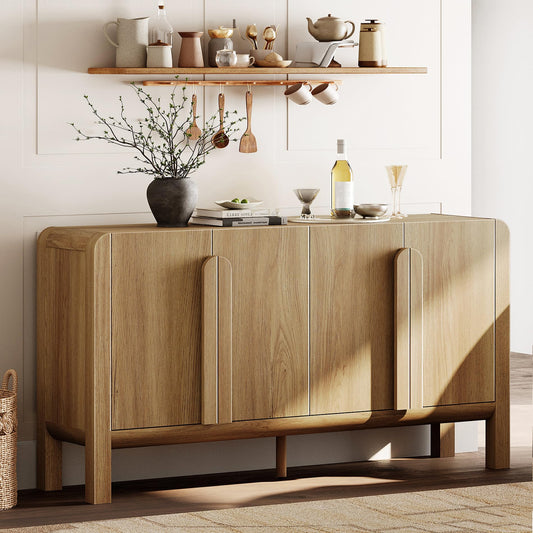 63" Large Curved Buffet Sideboard Cabinet with 4 Doors, Modern Coffee Bar and Wine Bar Storage for Dining Room, Living Room, or Kitchen, Light Walnut