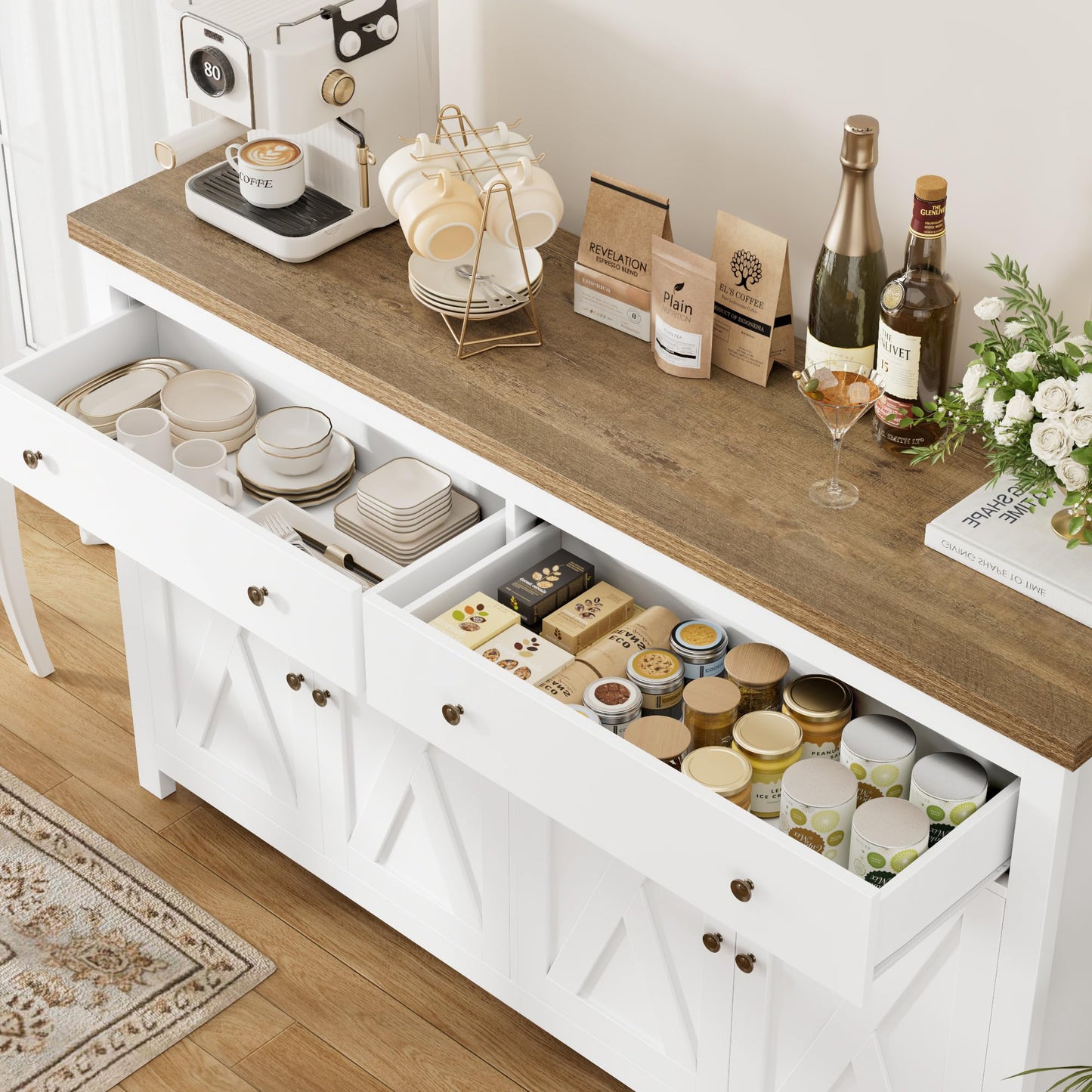 55" Large Sideboard Buffet Cabinet with 2 Drawers and 4 Doors, Wood Storage Buffet Table for Kitchen or Dining Room, White