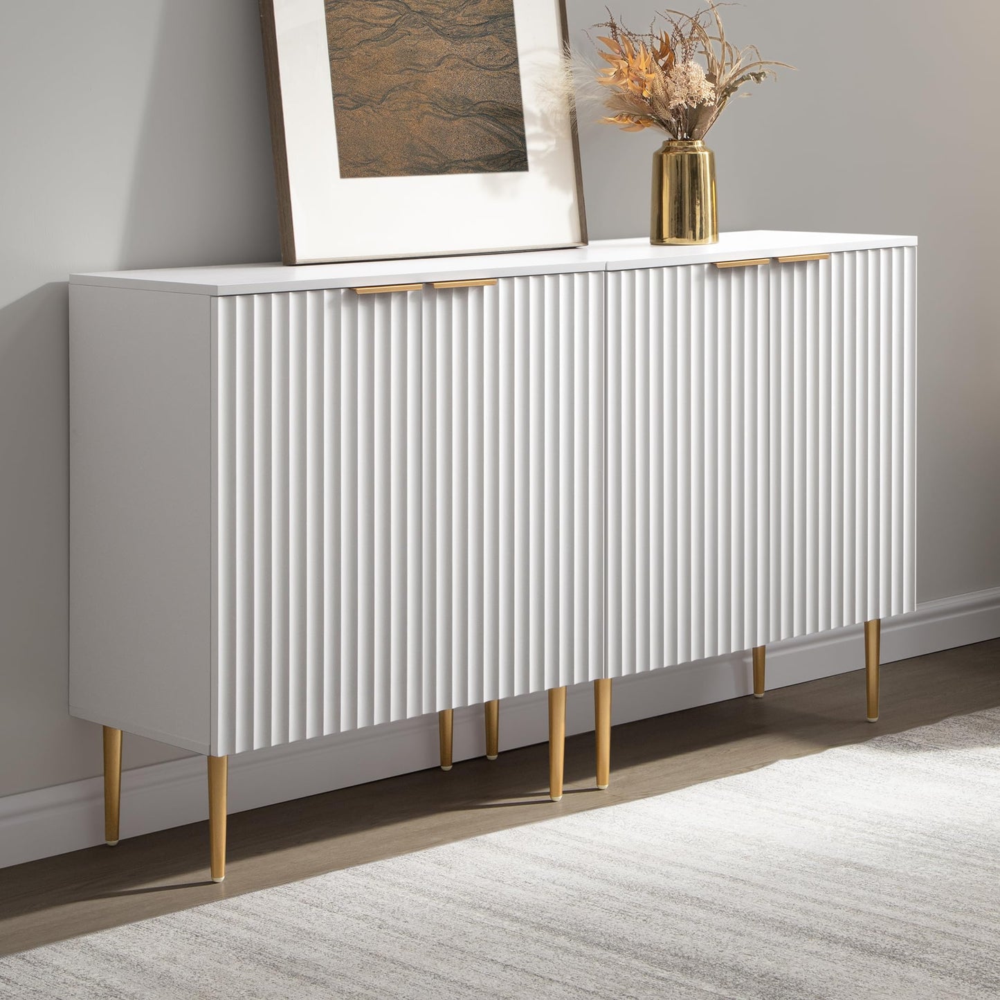 57" Modern Sideboard Buffet Cabinet with 4 Doors and Adjustable Shelf, Space-Saving Storage Console for Entryway, Kitchen, or Living Room, White