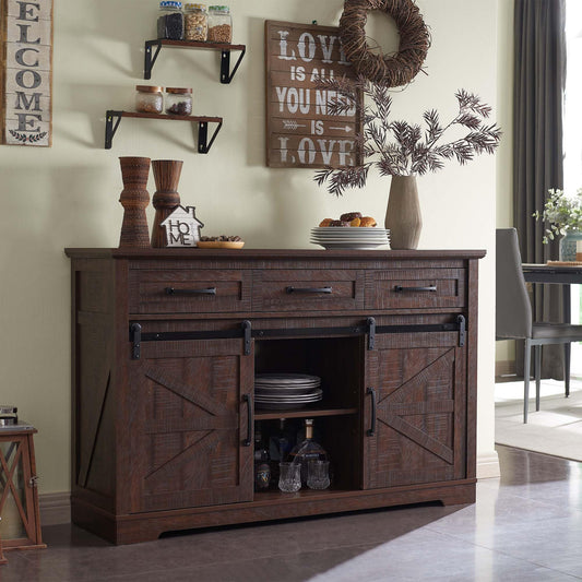 **Farmhouse Buffet Cabinet, 53" Sideboard with 3 Drawers, Rustic Storage Cabinet with Sliding Barn Door, Coffee Bar for Dining Room, Kitchen, Hallway, or Living Room, Brown**