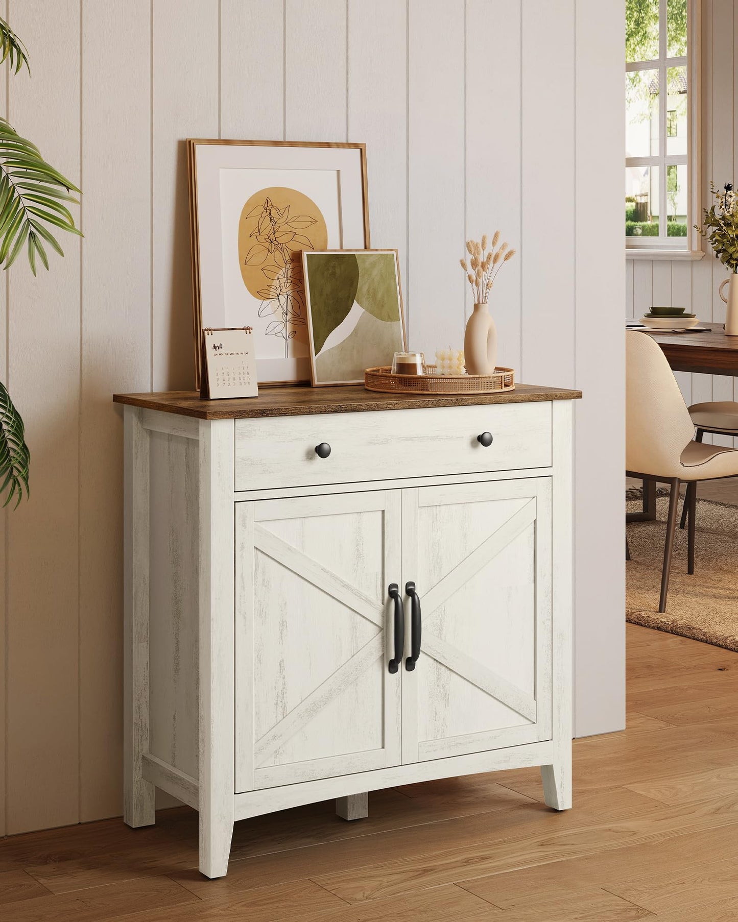 **Buffet Cabinet, Coffee Bar Cabinet with Drawer, Adjustable Shelf, Sideboard Storage with Cable Hole and Drawer Divider, Rustic White and Honey Brown**