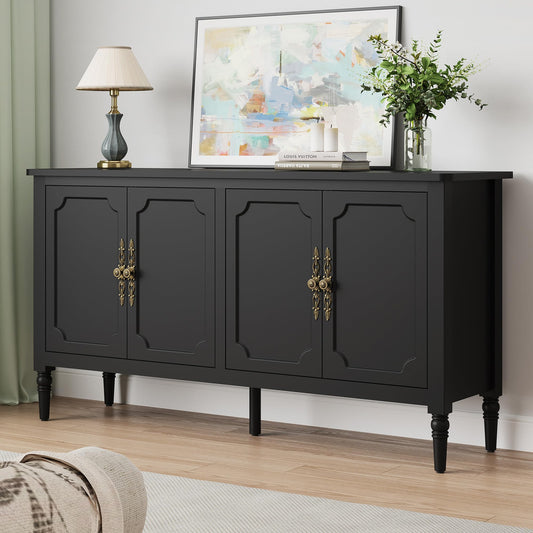 58" Mid-Century Modern Sideboard Buffet Cabinet with Storage and Solid Wood Legs, 4-Door Credenza for Entryway, Kitchen, or Living Room, Satin White