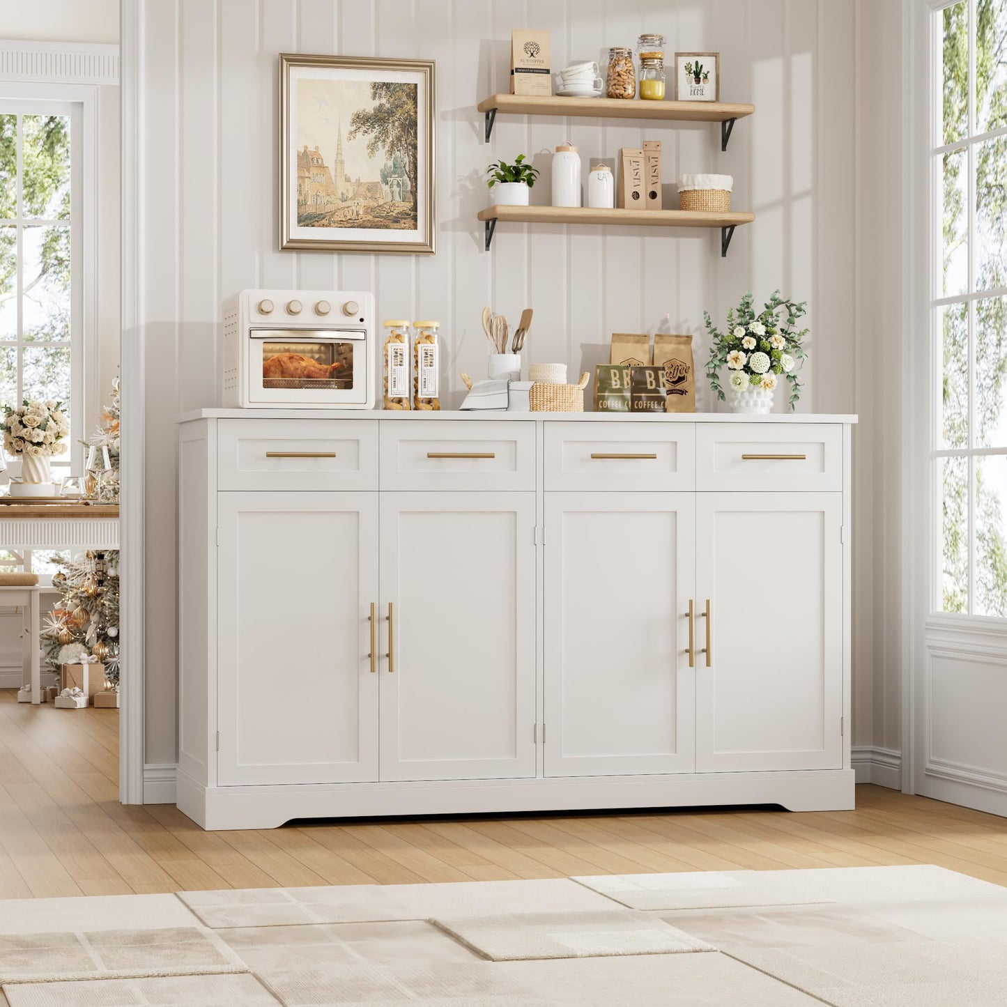 60" Large Buffet Sideboard with 4 Drawers and Storage, 36" Tall Modern Kitchen Cabinet with Gold Handles, White