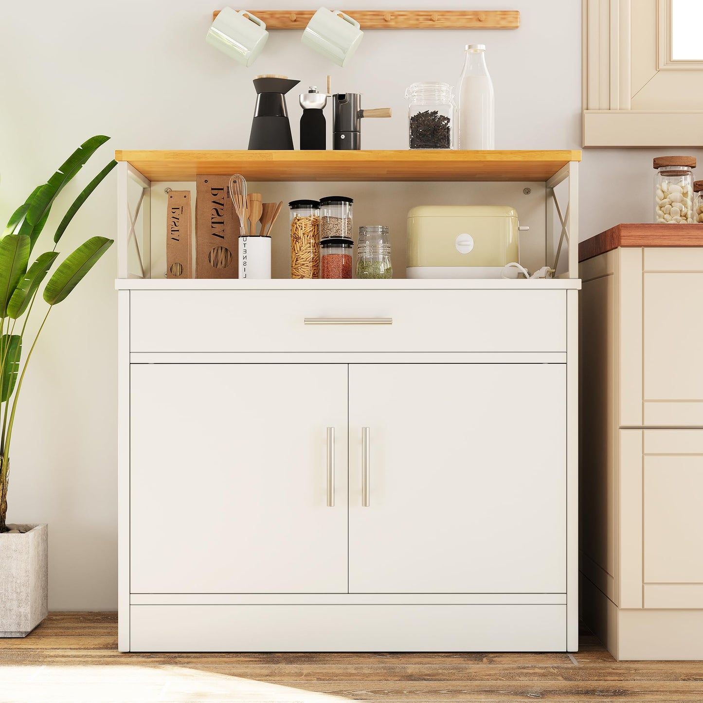 31" Modern Sideboard Buffet Cabinet with Adjustable Shelf, Wood Farmhouse Coffee Bar Storage for Kitchen or Dining Room, White