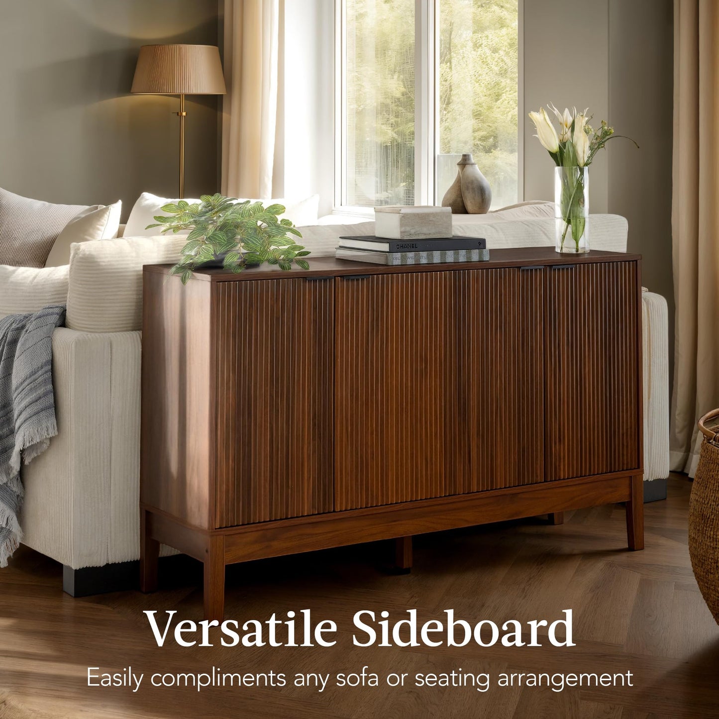 Modern 55" 4-Door Sideboard Storage Cabinet with Reed Panels and Adjustable Shelves, Buffet Media Cabinet for Entryway or Living Room, Walnut