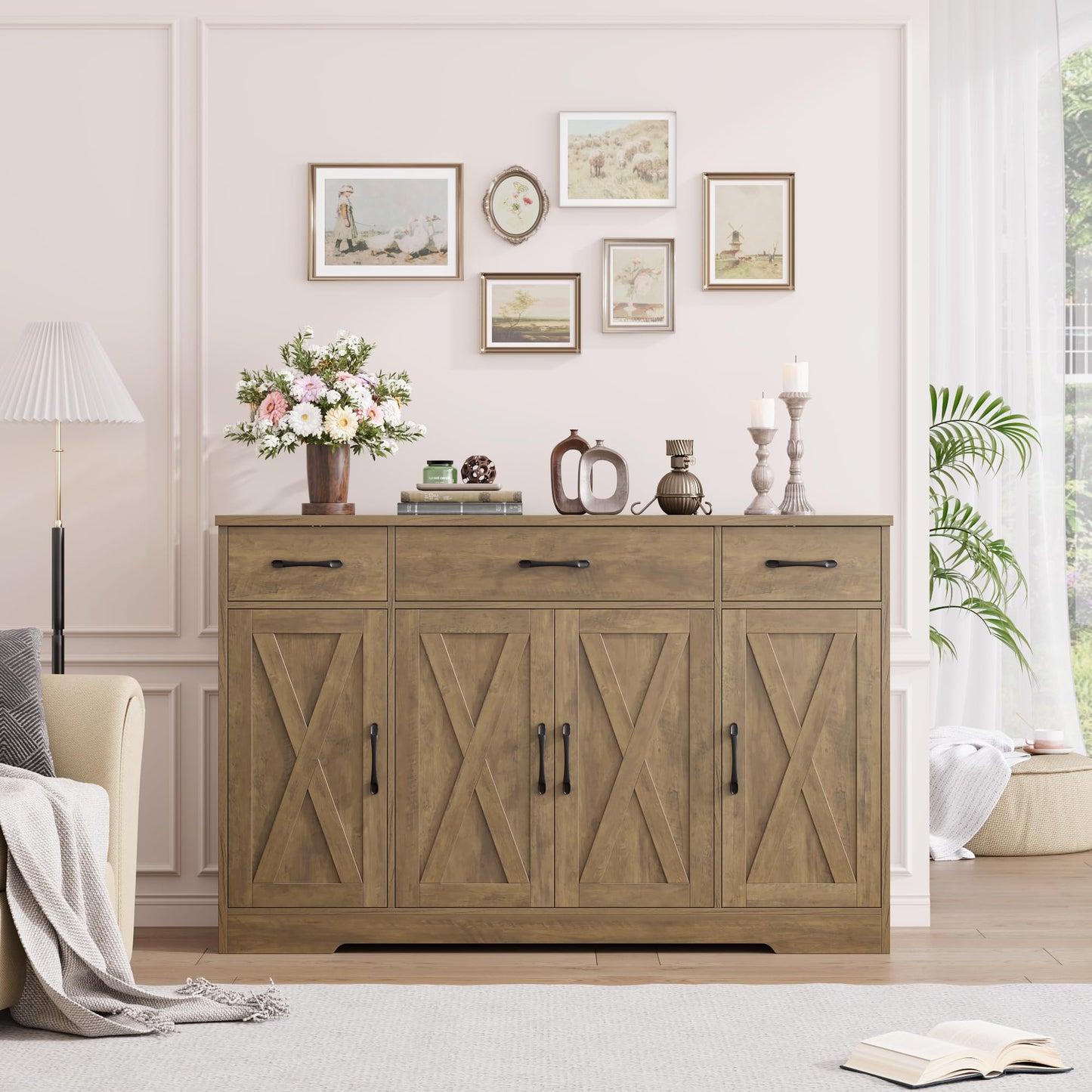 55" Large Buffet Sideboard Cabinet with Drawers, Shelves, and Doors, Modern Farmhouse Coffee Bar Station for Kitchen or Dining Room, Rustic Brown