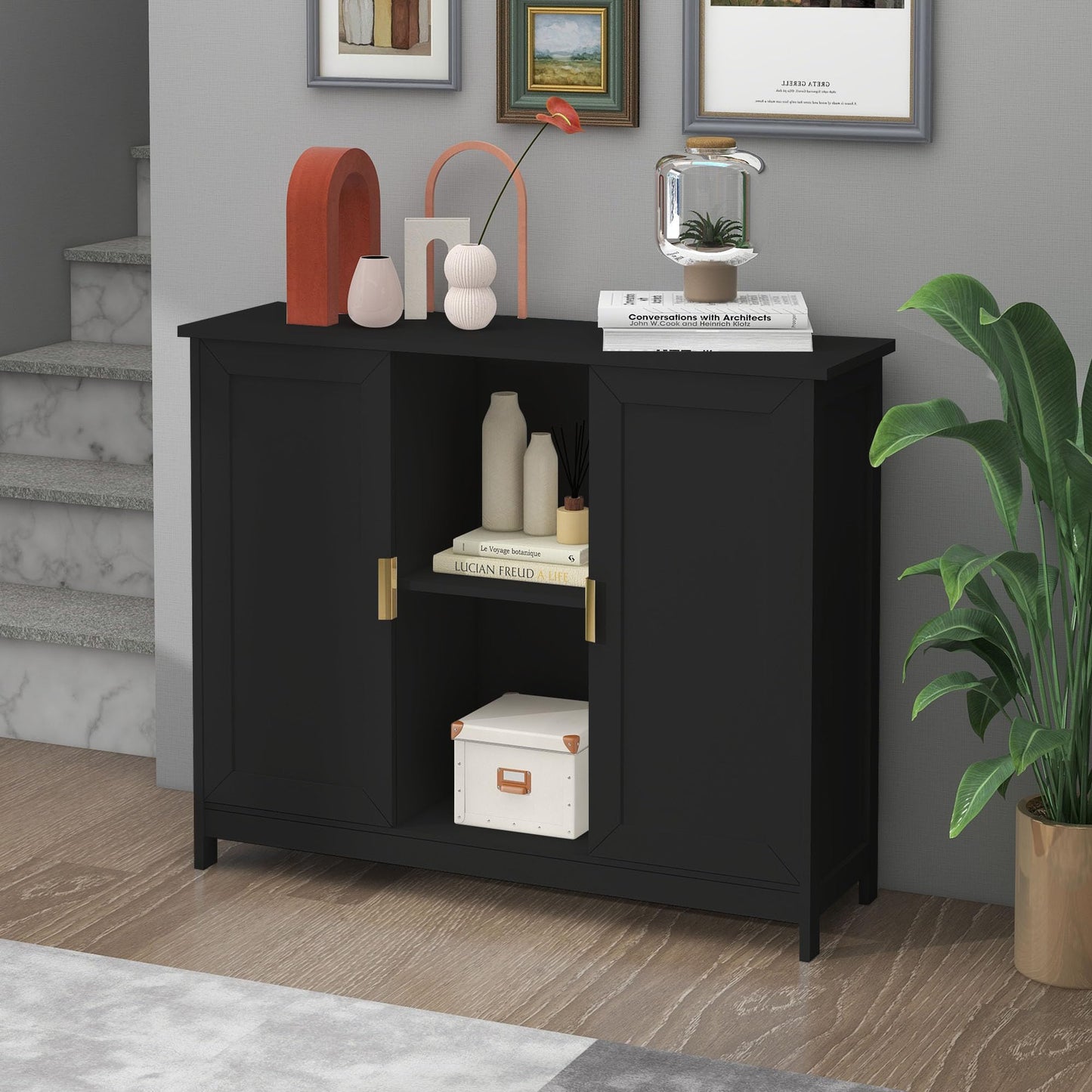 White Buffet Cabinet with Storage, Modern Wooden Narrow Sideboard Credenza with Doors for Entryway or Living Room