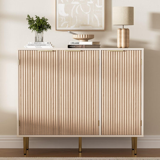 Fluted Sideboard Buffet with 3 Doors and Adjustable Shelves, Modern Kitchen Storage Cabinet with Gold Handles, Coffee Bar for Living Room or Kitchen, Oak
