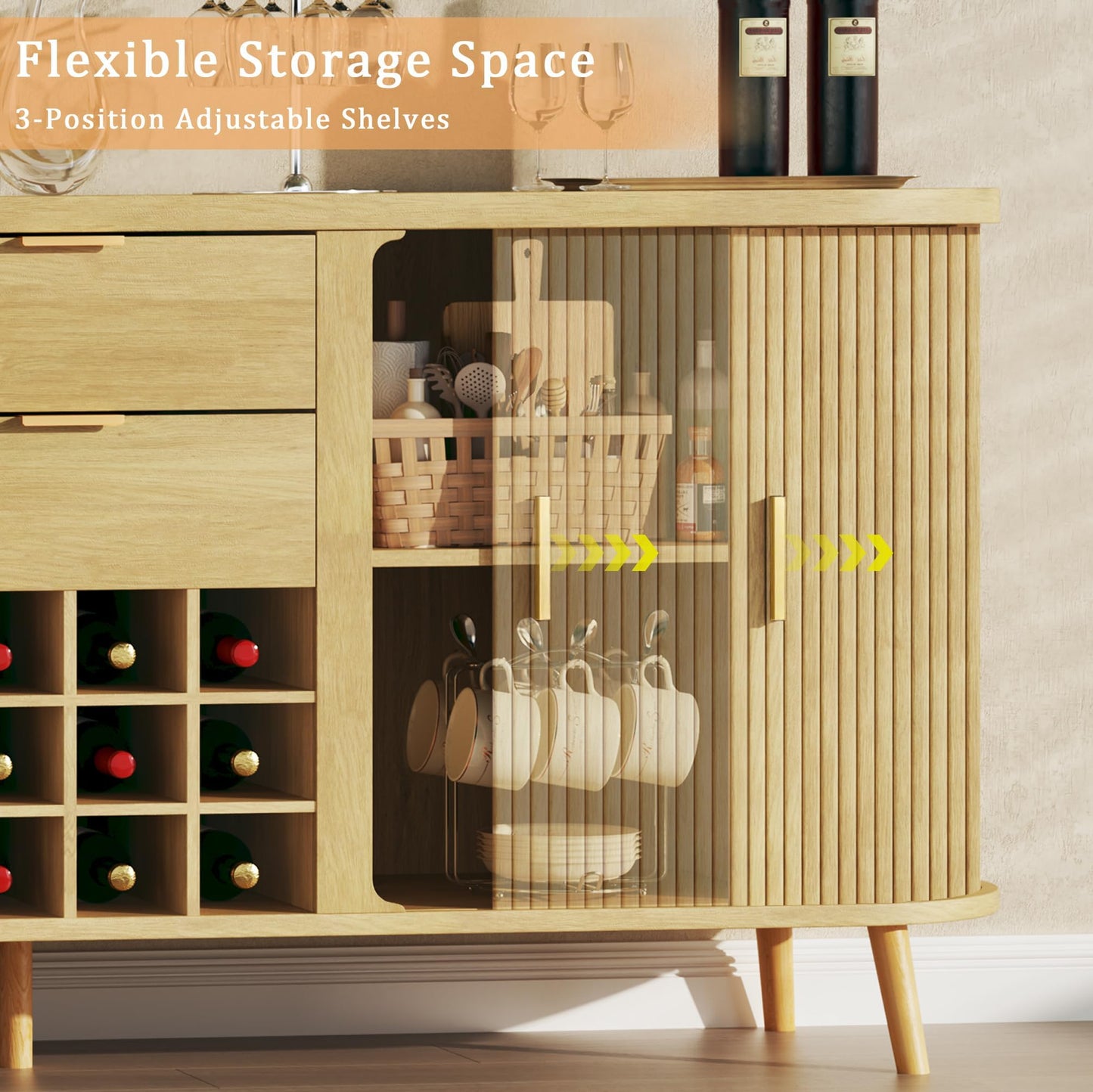 58" Fluted Buffet Cabinet with Drawers, Adjustable Shelves, and 12 Wine Racks, Mid-Century Modern Sideboard for Kitchen or Living Room, Natural Oak