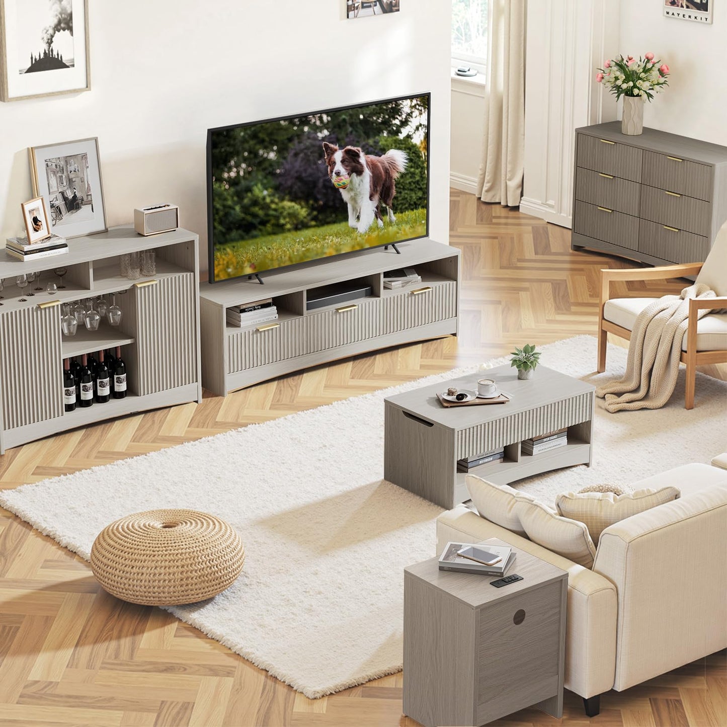 Coffee Bar Cabinet with Wine Glass Rack, 47" Buffet Sideboard with Adjustable Shelves and Soft-Close Hinges, Holds 200 lbs, Grey