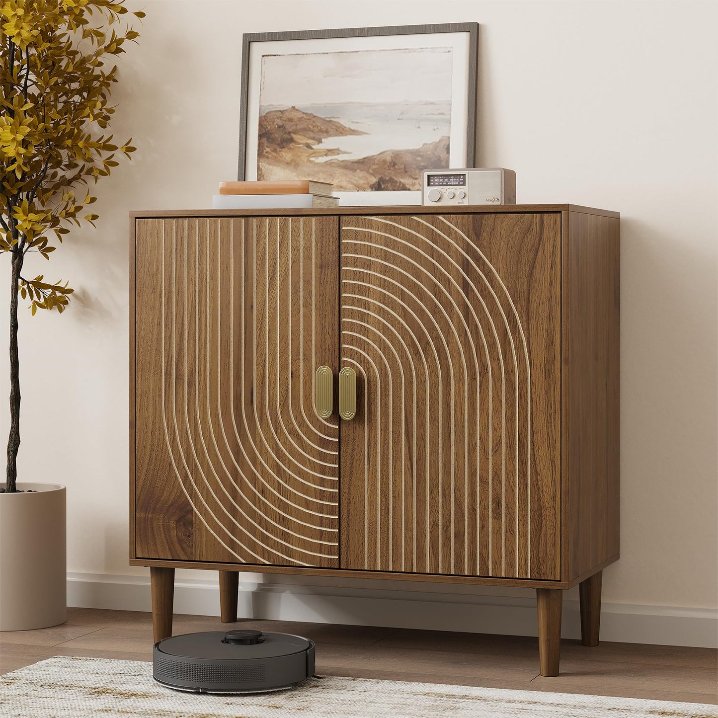 Walnut Sideboard Cabinet with Line Groove Design, Freestanding Wood Buffet Cabinet with Adjustable Shelf for Living Room, Entryway, or Hallway