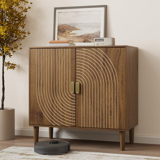 Walnut Sideboard Cabinet with Line Groove Design, Freestanding Wood Buffet Cabinet with Adjustable Shelf for Living Room, Entryway, or Hallway