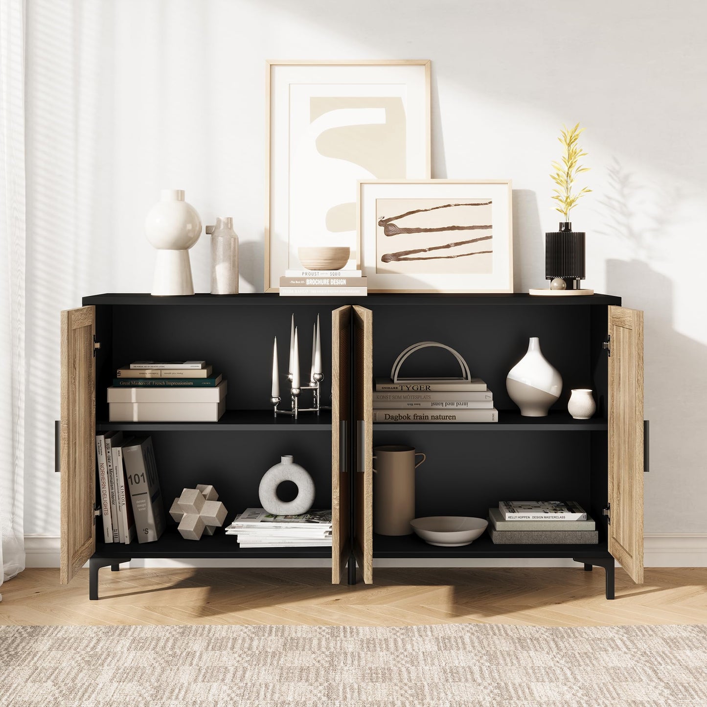**JASIWAY Sideboard Buffet Cabinet with Storage, Rattan Kitchen Buffet Cabinet with Doors, Accent Coffee Bar Sideboard Cabinet for Living Room, Entryway, and Kitchen, Black**