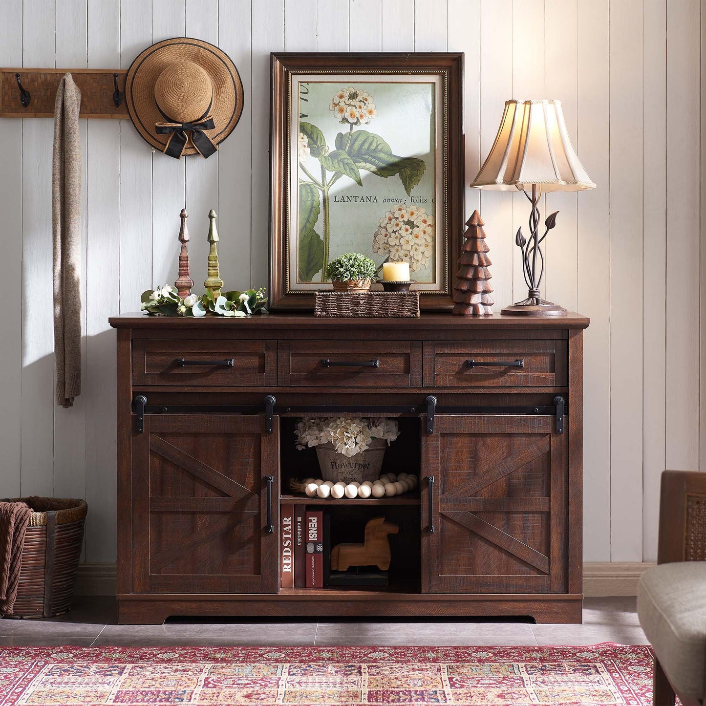 **Farmhouse Buffet Cabinet, 53" Sideboard with 3 Drawers, Rustic Storage Cabinet with Sliding Barn Door, Coffee Bar for Dining Room, Kitchen, Hallway, or Living Room, Brown**