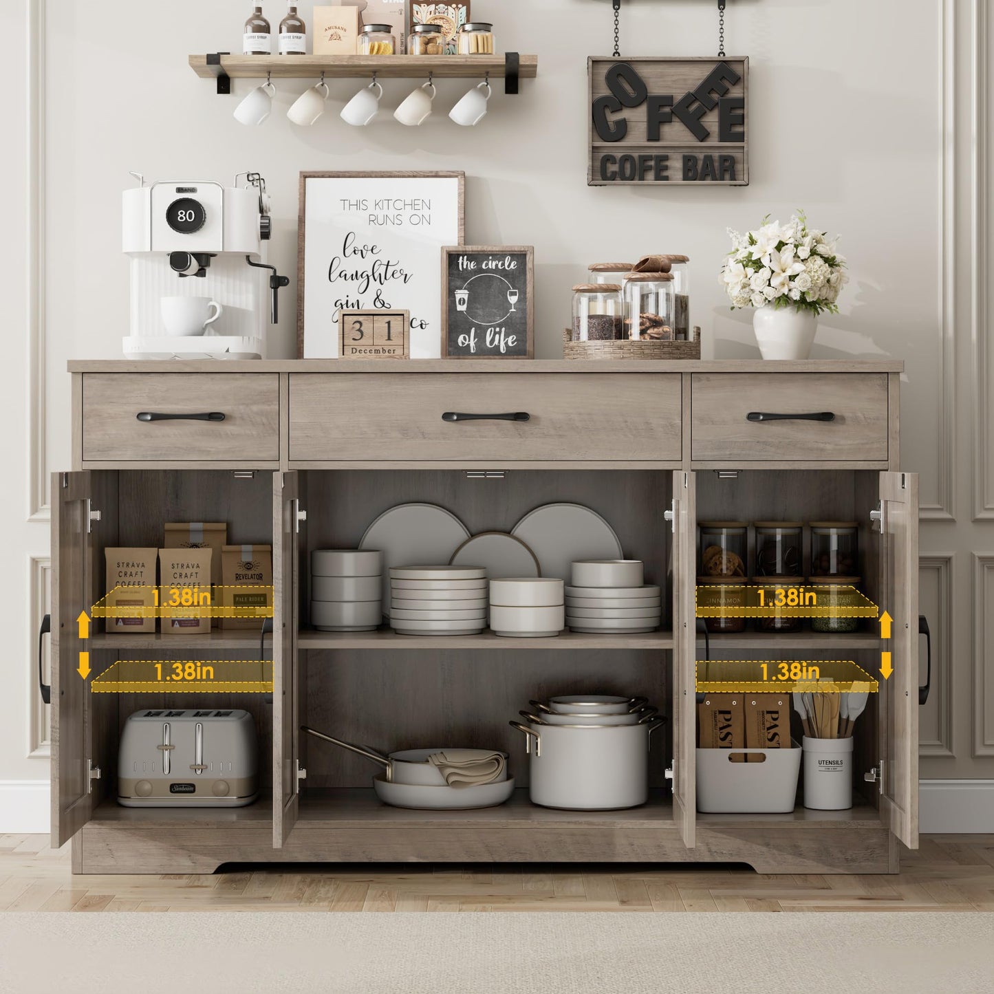 55" Large Buffet Sideboard Cabinet with Drawers, Shelves, and Doors, Modern Farmhouse Coffee Bar Station for Kitchen or Dining Room, Ash Grey