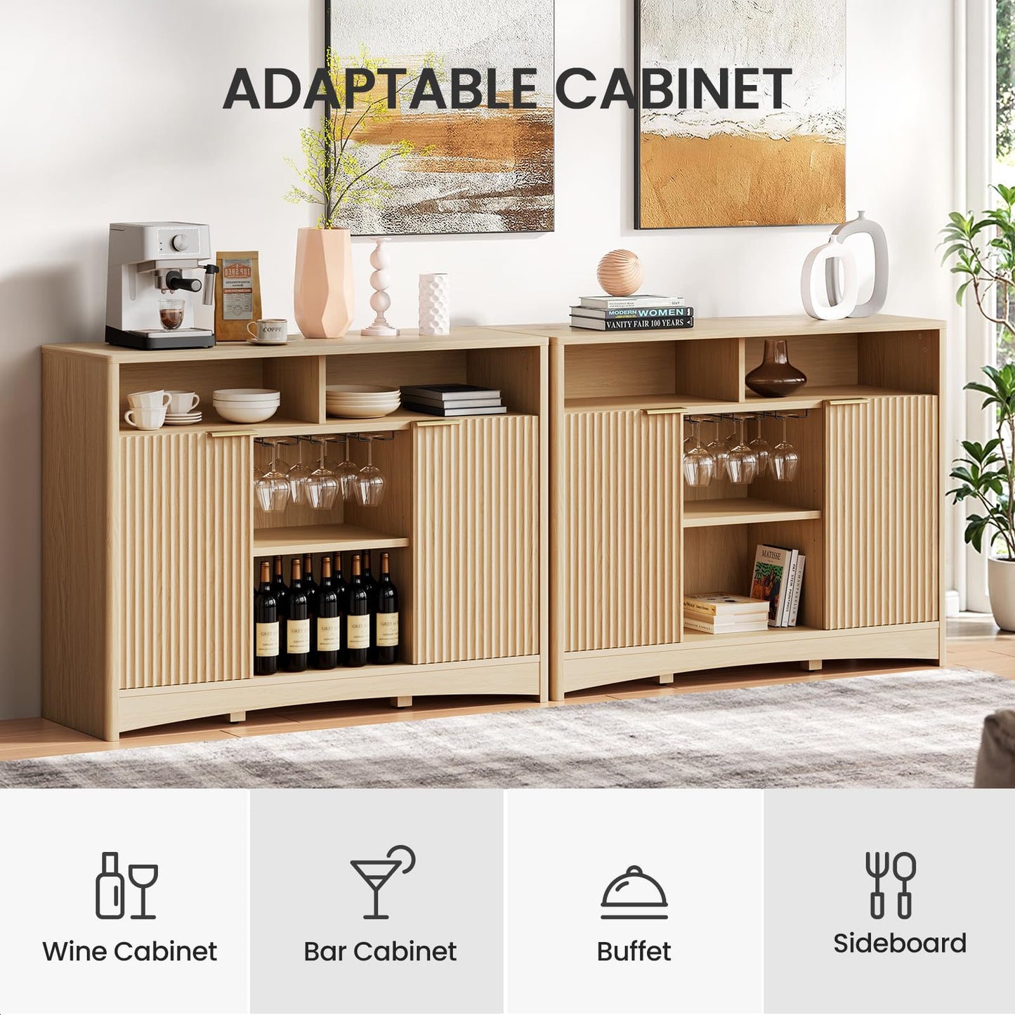 Coffee Bar Cabinet with Wine Glass Rack, 47" Buffet Sideboard with Adjustable Shelves and Soft-Close Hinges, Holds 200 lbs, Natural Oak