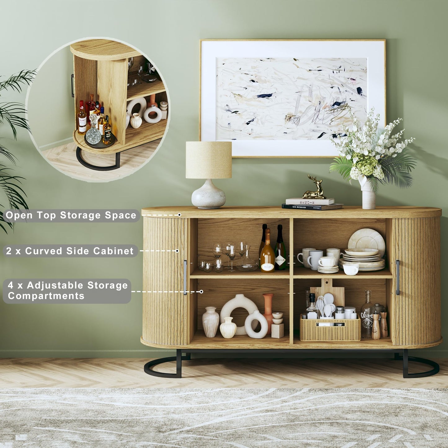 **54.3" Sideboard Buffet Cabinet with Storage, Fluted Tambour Doors, Adjustable Shelves, Mid-Century Modern Console Table for Living Room and Kitchen**
