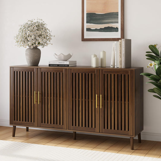 63" Sideboard Buffet with 4 Louvered Doors and Gold Handles, Farmhouse Coffee Bar Storage Cabinet for Entryway, Kitchen, Dining, or Living Room, Natural Oak