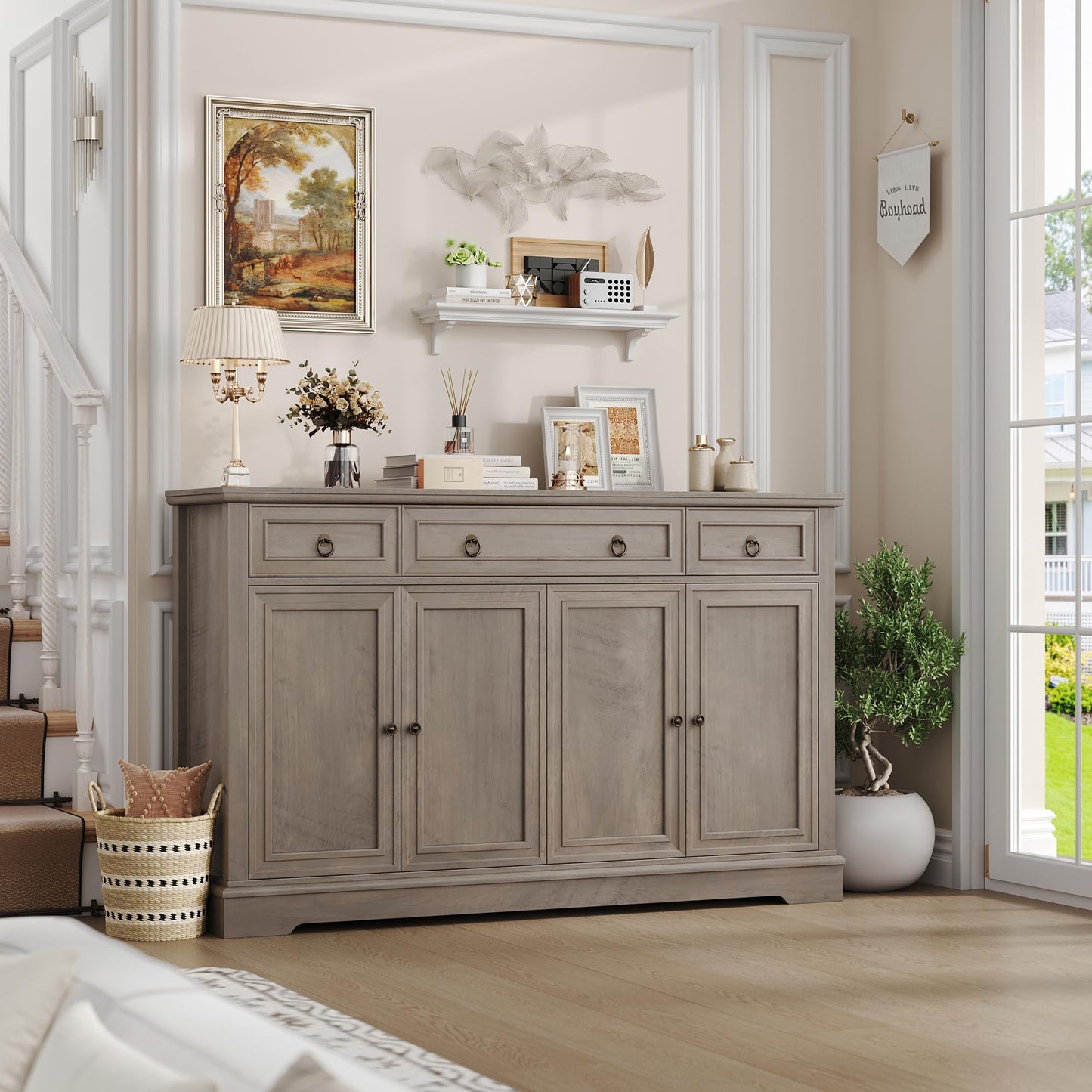 FINETONES 52.7" Large Buffet Cabinet with Storage, Modern Sideboard with 3 Drawers and 4 Doors, Wooden Coffee Bar Cabinet for Kitchen, Dining Room, Living Room, or Home Office, Ash Grey