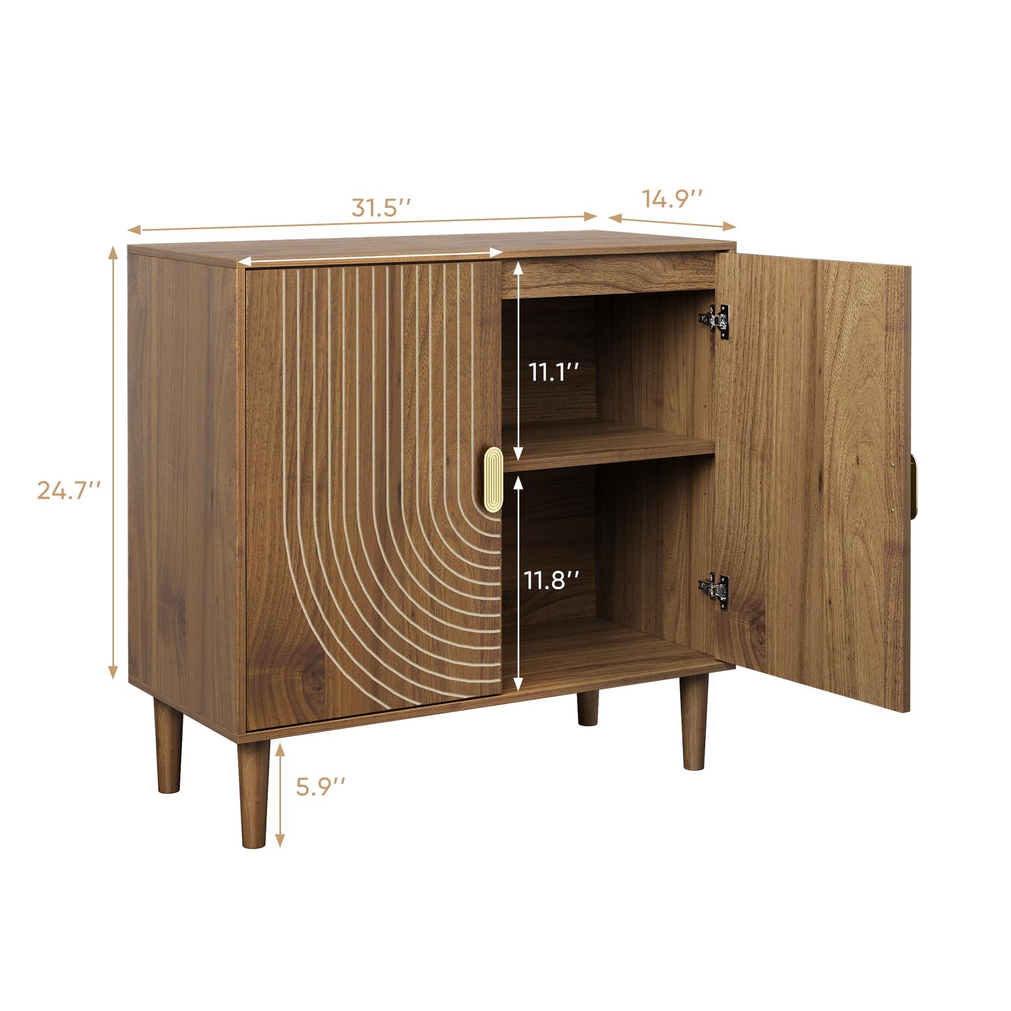 Walnut Sideboard Cabinet with Line Groove Design, Freestanding Wood Buffet Cabinet with Adjustable Shelf for Living Room, Entryway, or Hallway