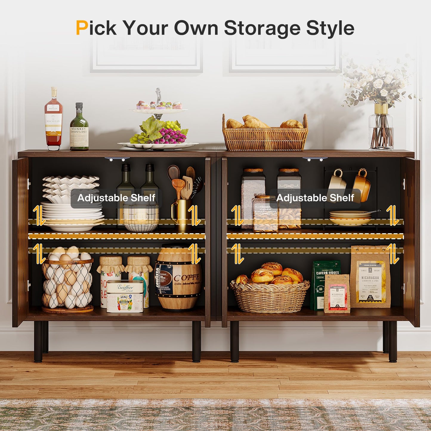 Tribesigns Set of 2 Buffet Sideboard Cabinets with Storage, 59" Long Sideboards with Adjustable Shelves, Modern Accent Storage Cabinets for Living Room, Dark Brown