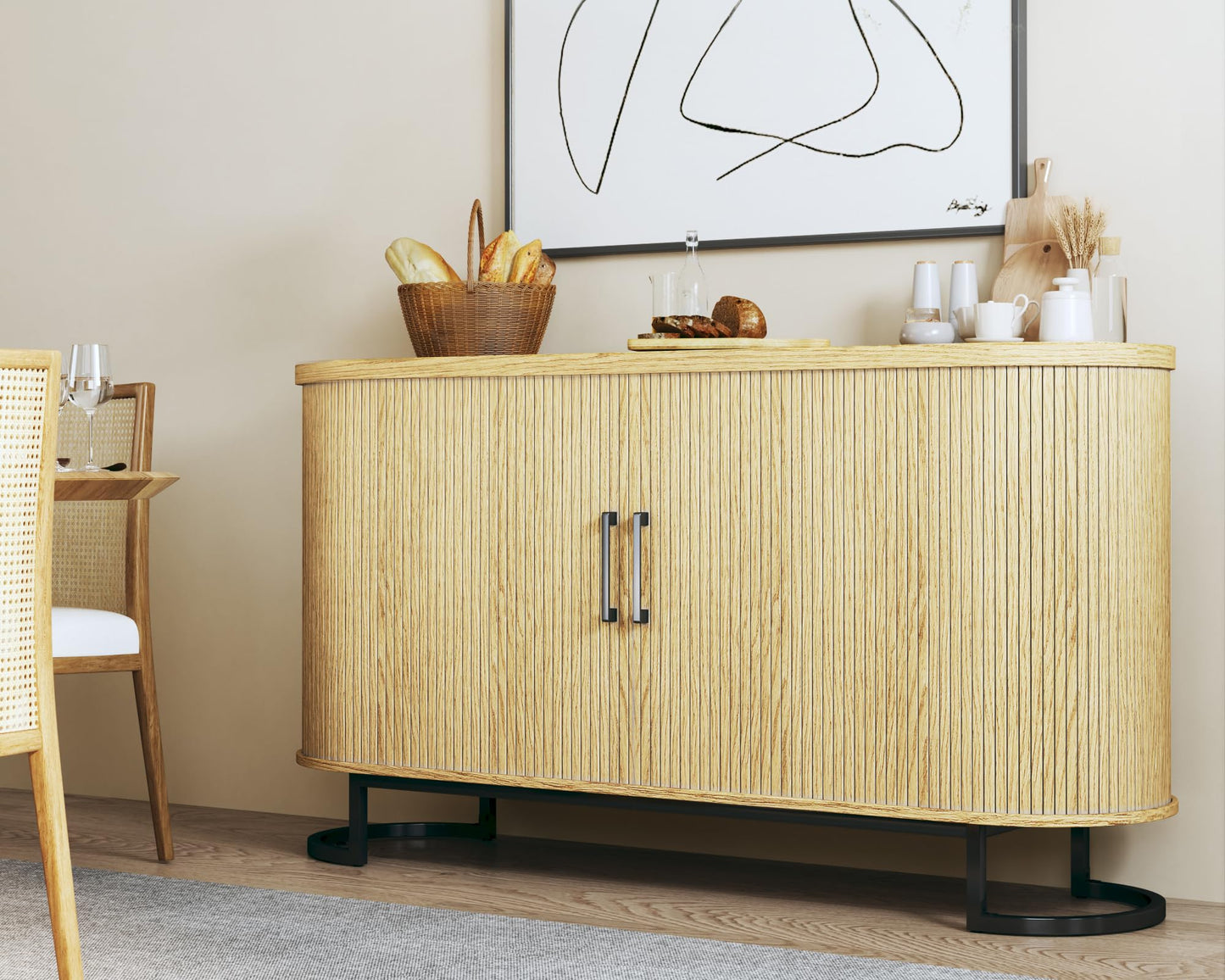 **54.3" Sideboard Buffet Cabinet with Storage, Fluted Tambour Doors, Adjustable Shelves, Mid-Century Modern Console Table for Living Room and Kitchen**