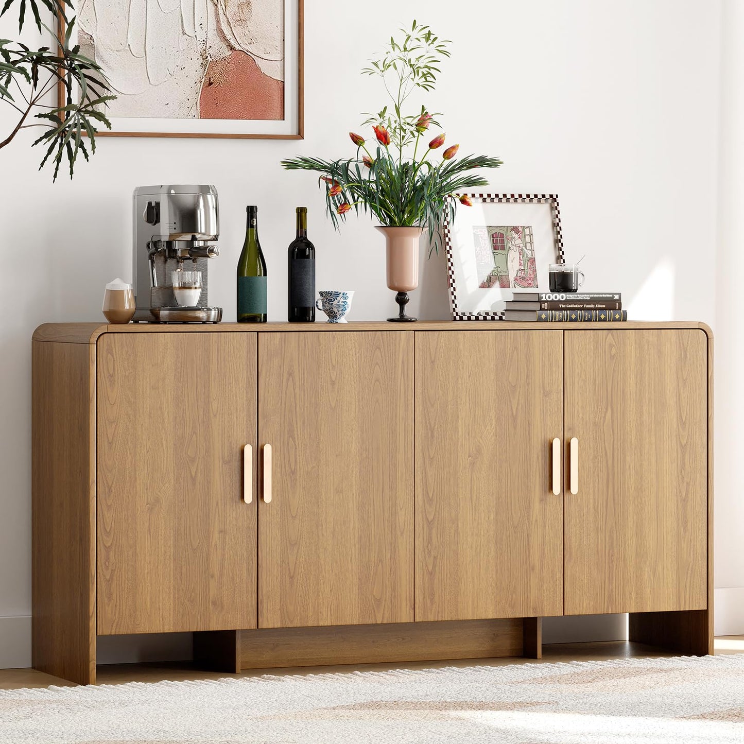 60" Curved Sideboard Buffet Cabinet with 4 Doors and Adjustable Shelves, Farmhouse Coffee Bar Storage for Living Room, Kitchen, or Hallway, Oak