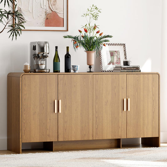 60" Curved Sideboard Buffet Cabinet with 4 Doors and Adjustable Shelves, Farmhouse Coffee Bar Storage for Living Room, Kitchen, or Hallway, Oak