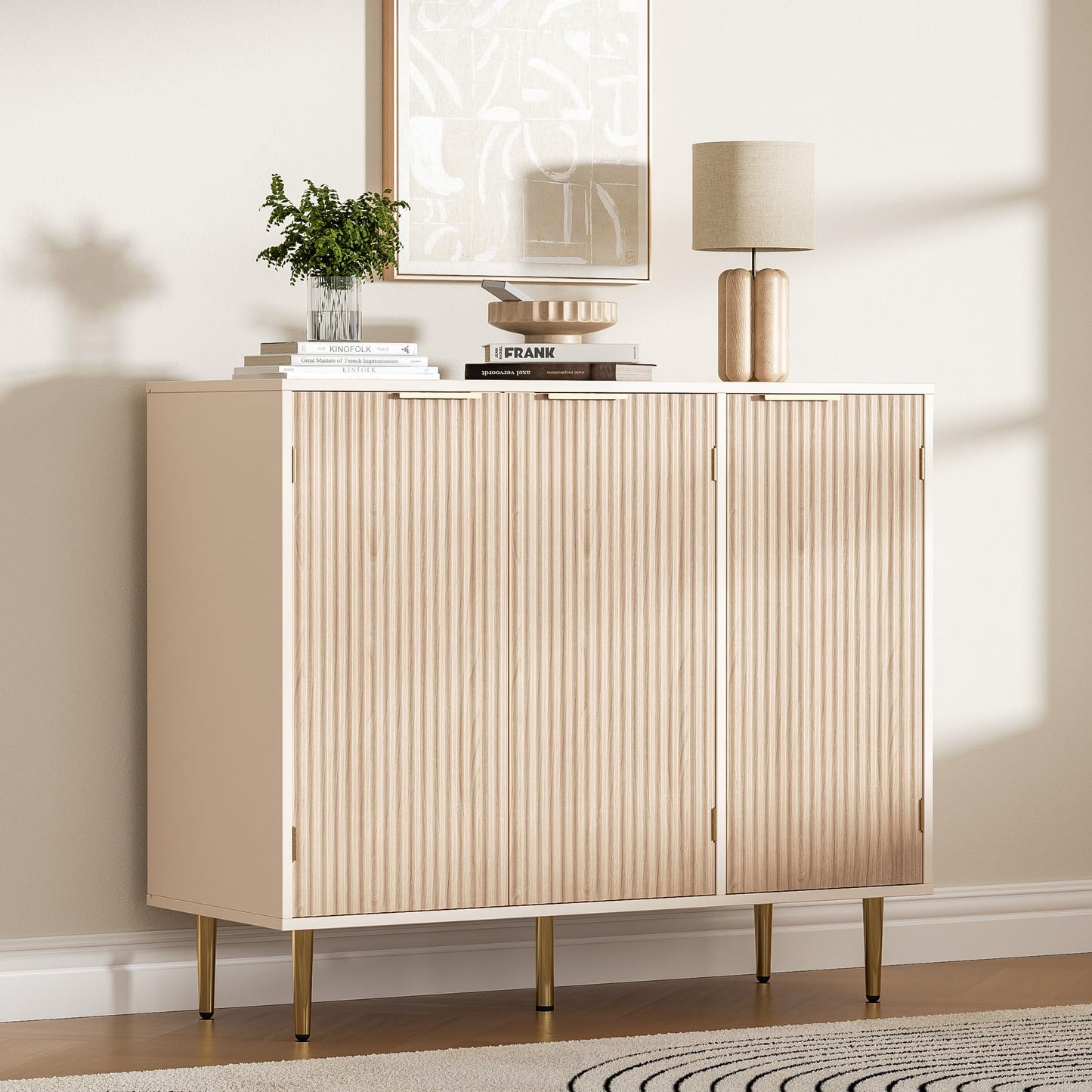 Fluted Sideboard Buffet with 3 Doors and Adjustable Shelves, Modern Kitchen Storage Cabinet with Gold Handles, Coffee Bar for Living Room or Kitchen, Oak