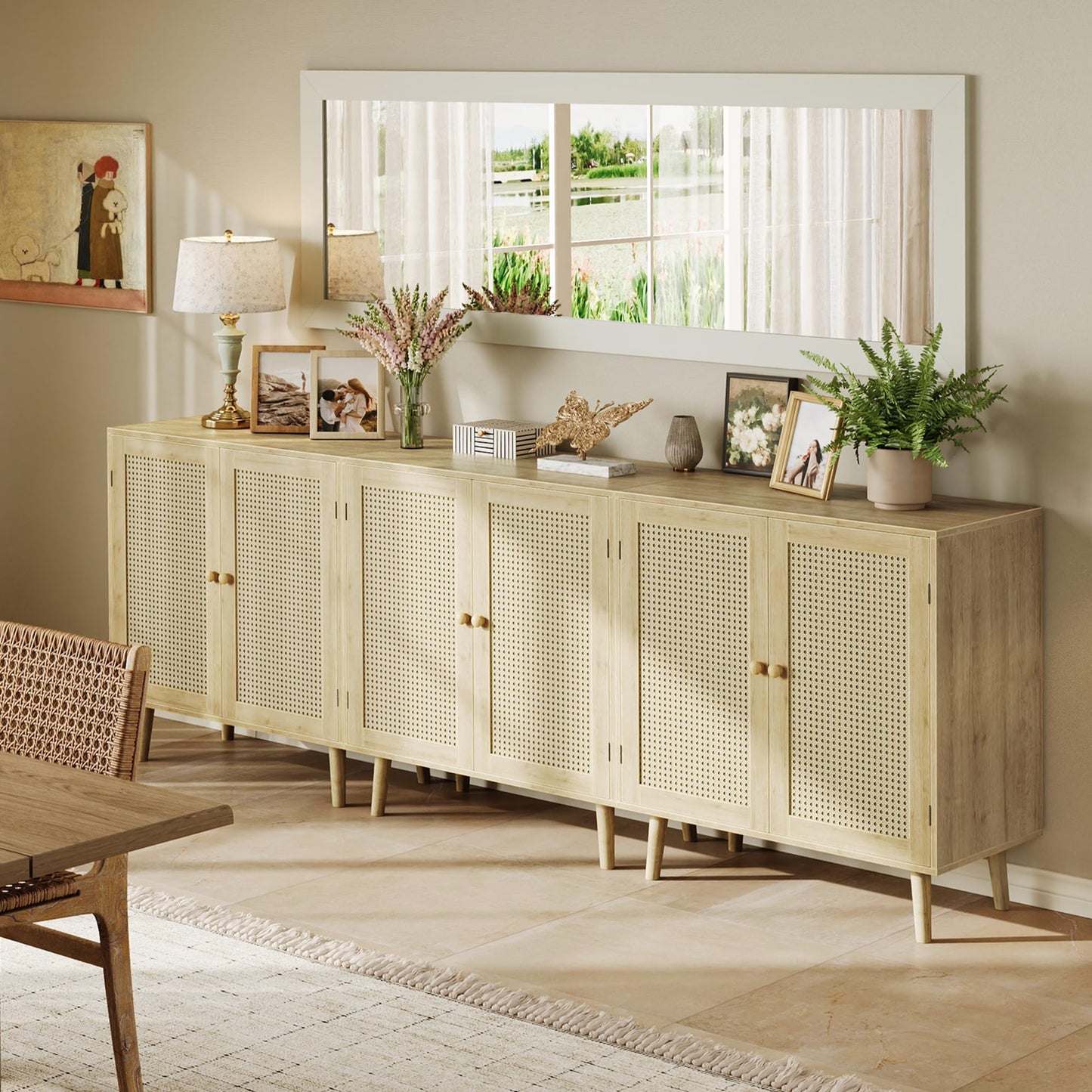 **Huuger Buffet Cabinet with Storage, PE Rattan Decor Doors, Solid Wood Feet Accent Sideboard for Hallway, Entryway, or Living Room, Natural**