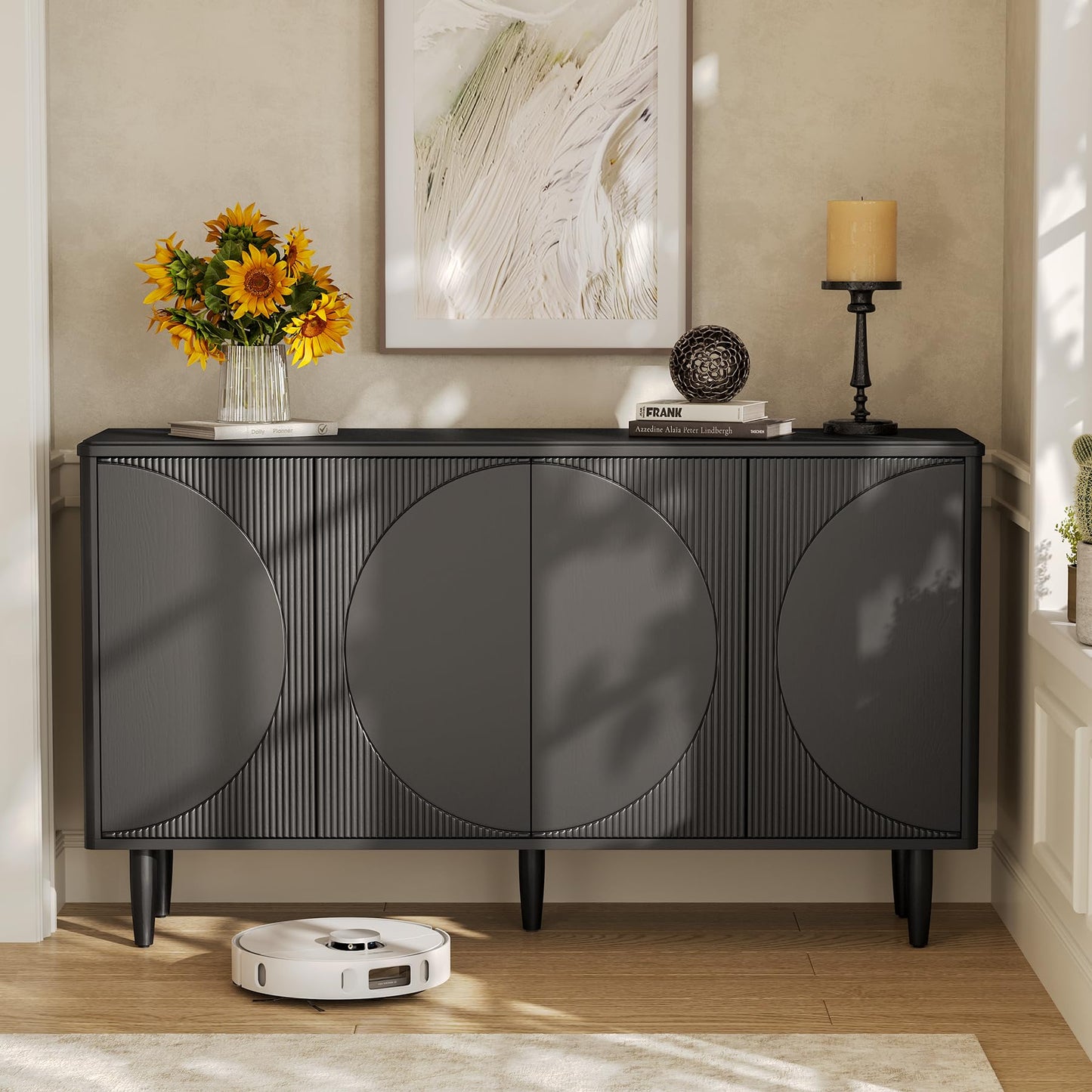 **LITTLE TREE 59" Buffet Cabinet Sideboard with Storage, Modern Sideboard Buffet Table with Doors for Living Room and Dining Room, Black**