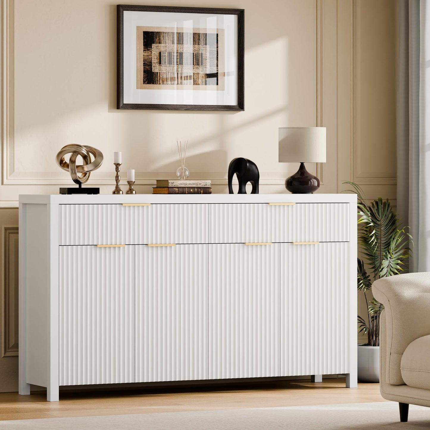 55" White Fluted Buffet Cabinet with Storage, Large Wood Sideboard with Adjustable Shelves for Entryway, Kitchen, or Living Room