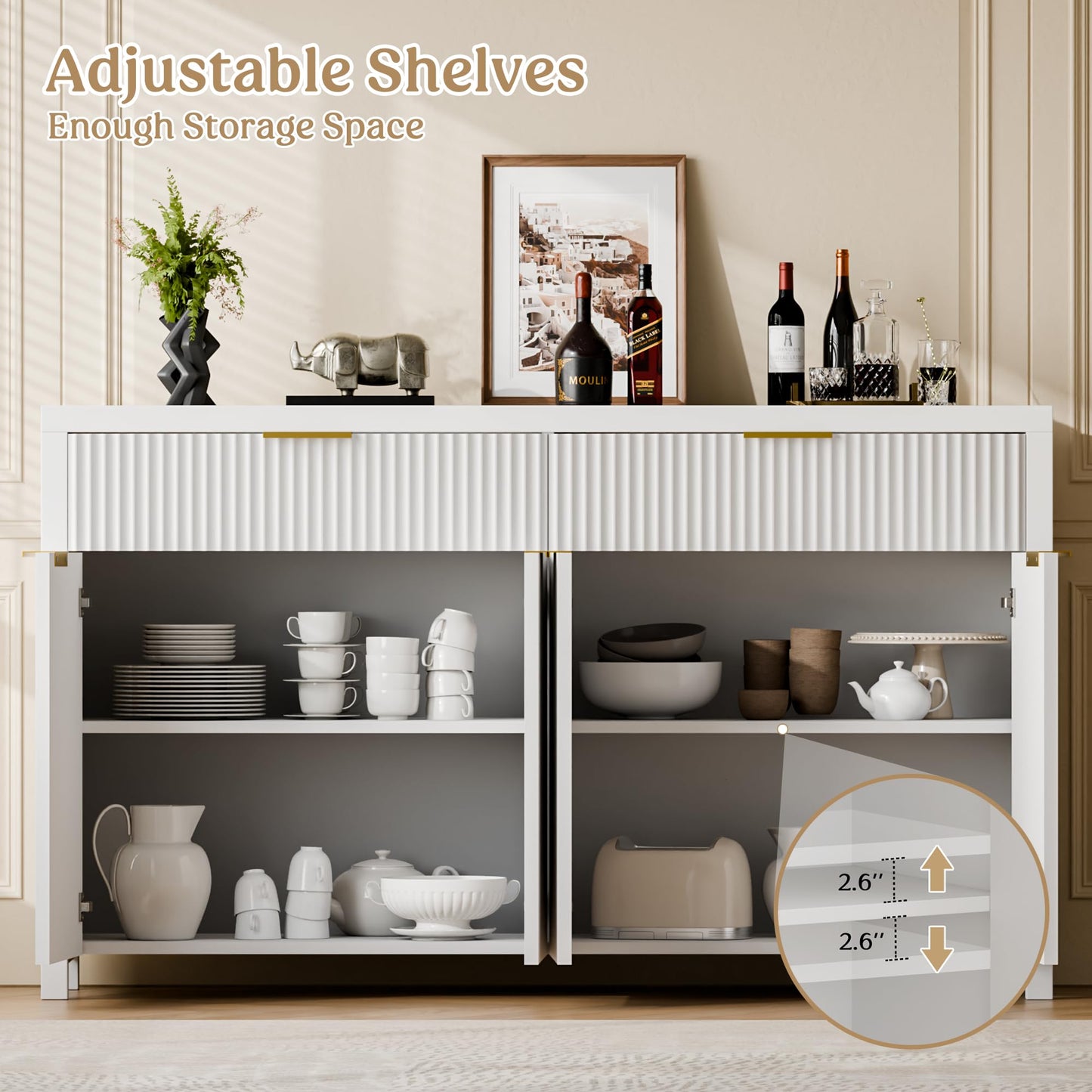 55" White Fluted Buffet Cabinet with Storage, Large Wood Sideboard with Adjustable Shelves for Entryway, Kitchen, or Living Room