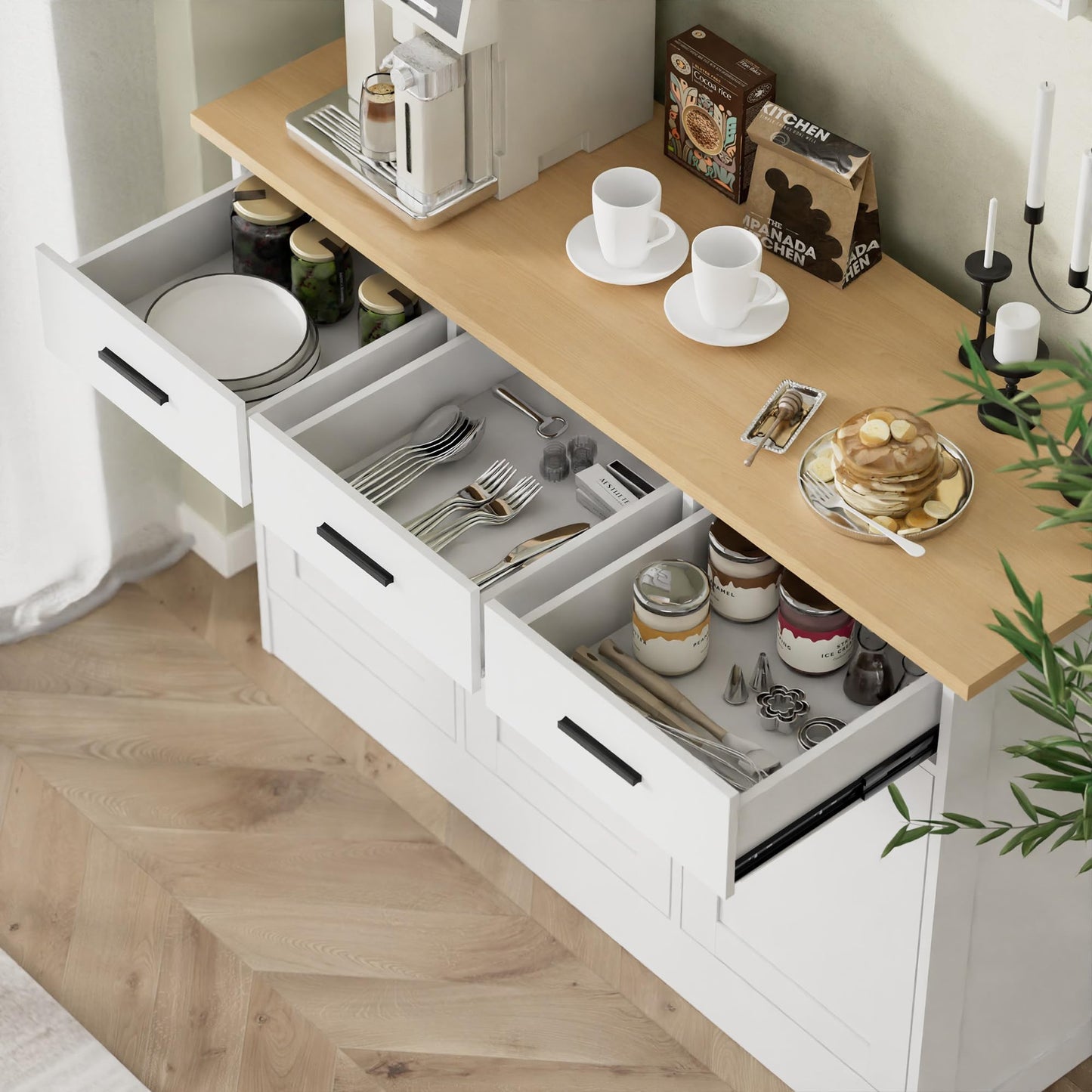 White Buffet Cabinet with Storage, Modern Wooden Narrow Sideboard Credenza with Doors for Entryway or Living Room