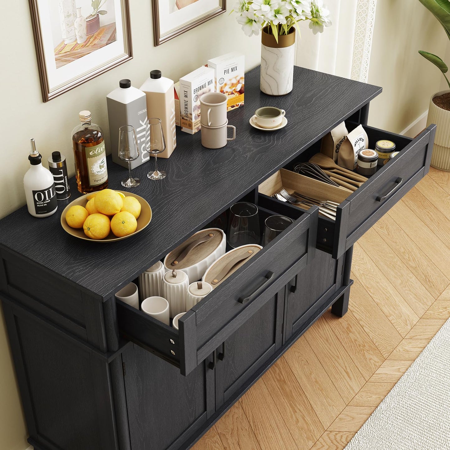 48" Farmhouse Buffet Sideboard Cabinet with 2 Drawers and 3 Doors, Wood Coffee Bar Cabinet with Adjustable Shelves for Kitchen or Living Room, Black