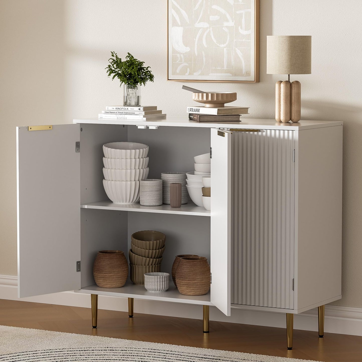 Fluted Sideboard Buffet with 3 Doors and Adjustable Shelves, Modern Kitchen Storage Cabinet with Gold Handles, Coffee Bar for Living Room or Kitchen, White