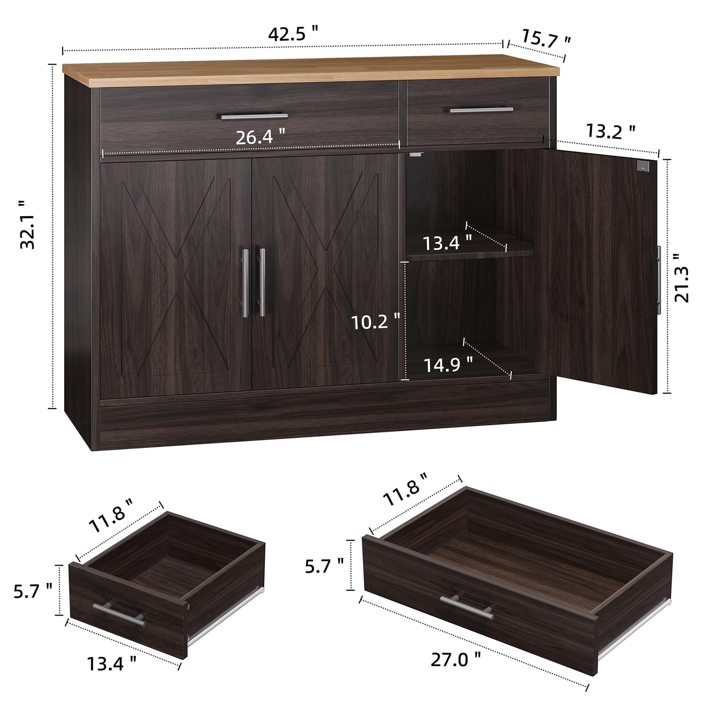 Modern Farmhouse Sideboard Buffet Cabinet with Barn Doors, 2 Drawers and 3 Doors, Adjustable Shelf for Kitchen or Living Room, Brown
