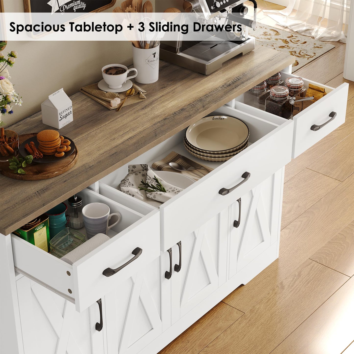 55" Large Buffet Sideboard Cabinet with Drawers, Shelves, and Doors, Modern Farmhouse Coffee Bar Station for Kitchen or Dining Room, White/Rustic