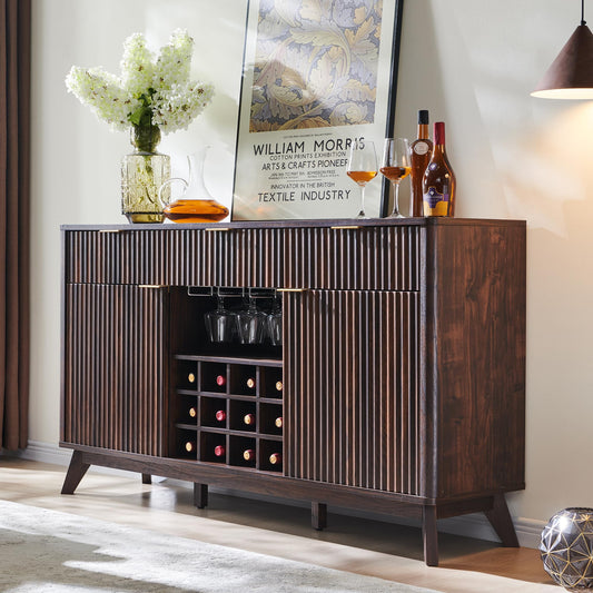 60" Fluted Buffet Cabinet with 3 Drawers and 2 Doors, Modern Wine and Coffee Bar Sideboard with Wine and Glass Racks, Adjustable Shelves for Kitchen or Dining, Walnut