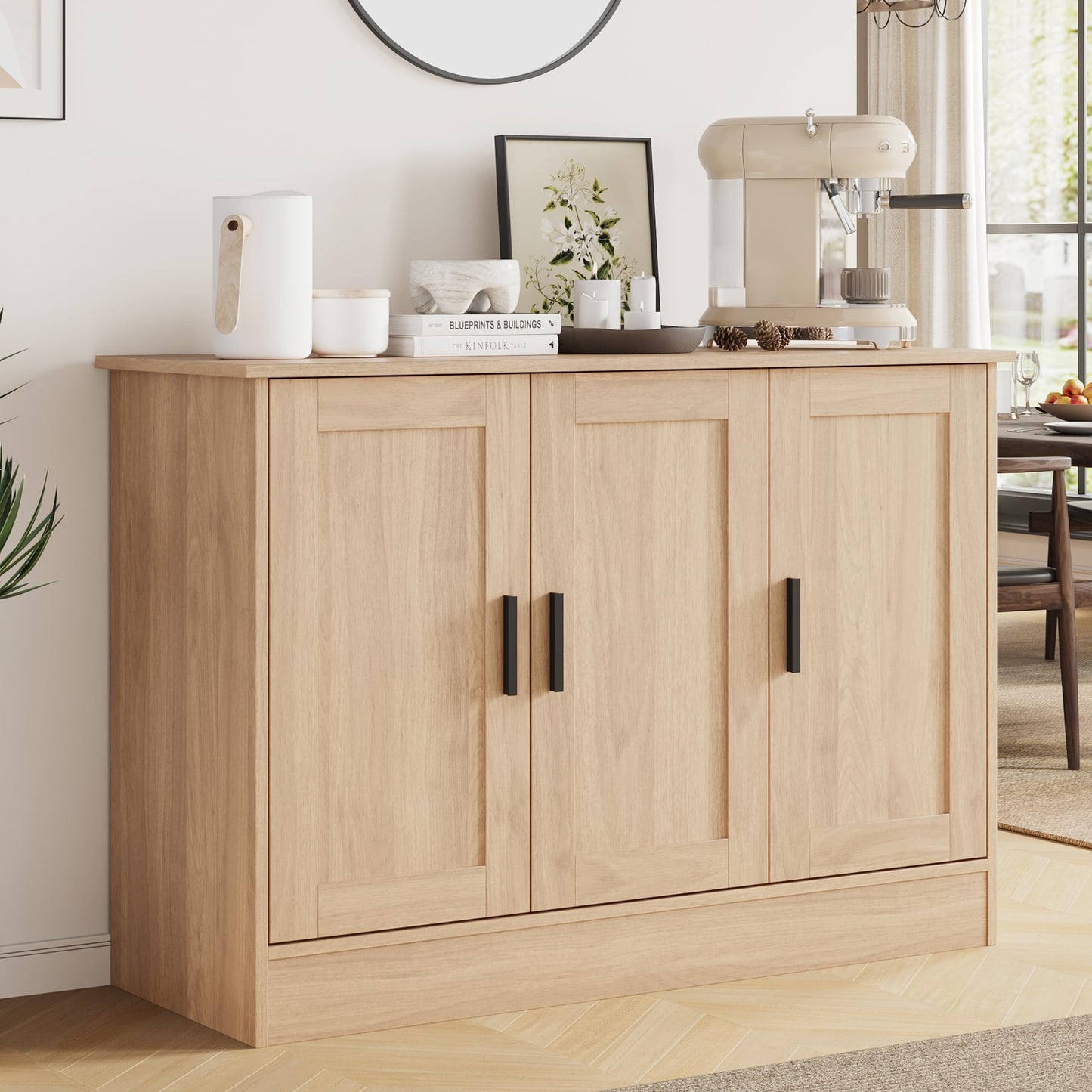 43" Oak Buffet Cabinet with 3 Doors and Adjustable Shelf, Modern Coffee Bar Sideboard for Kitchen or Living Room