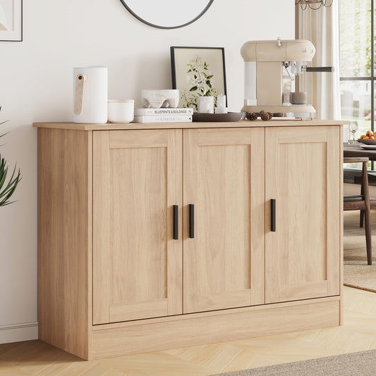 43" Oak Buffet Cabinet with 3 Doors and Adjustable Shelf, Modern Coffee Bar Sideboard for Kitchen or Living Room