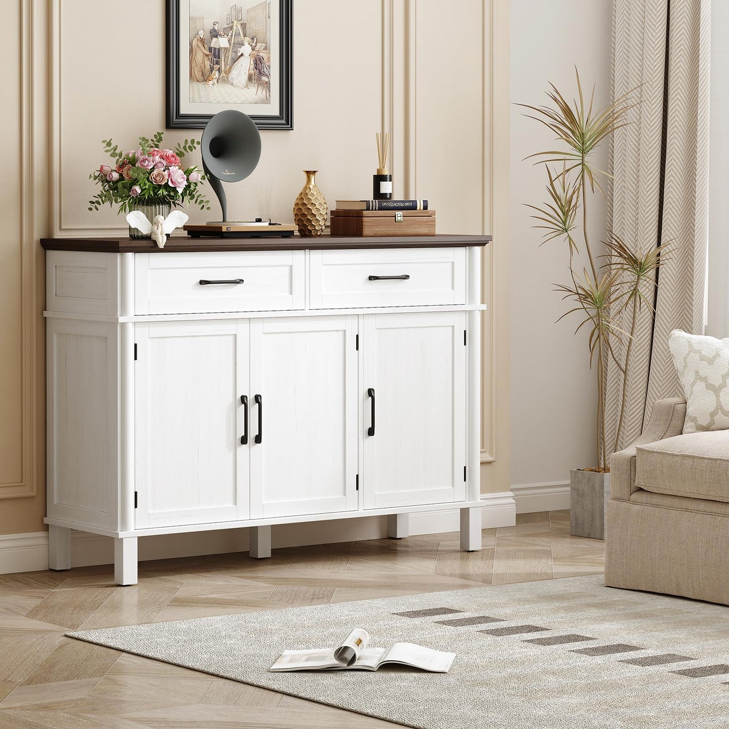48" Farmhouse Buffet Sideboard Cabinet with 2 Drawers and 3 Doors, Wood Coffee Bar Cabinet with Adjustable Shelves for Kitchen or Living Room, Off White
