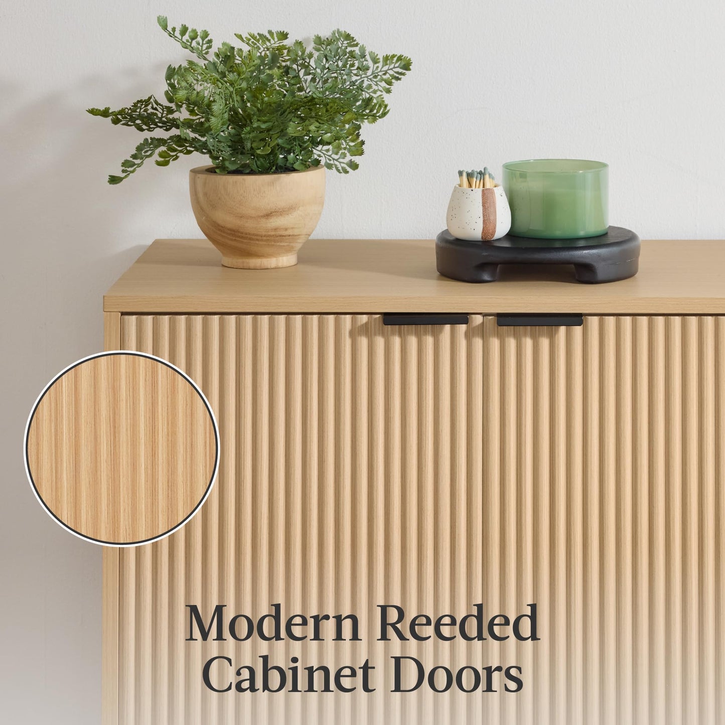 Modern 55" 4-Door Sideboard Storage Cabinet with Reed Panels and Adjustable Shelves, Buffet Media Cabinet for Entryway or Living Room, Natural